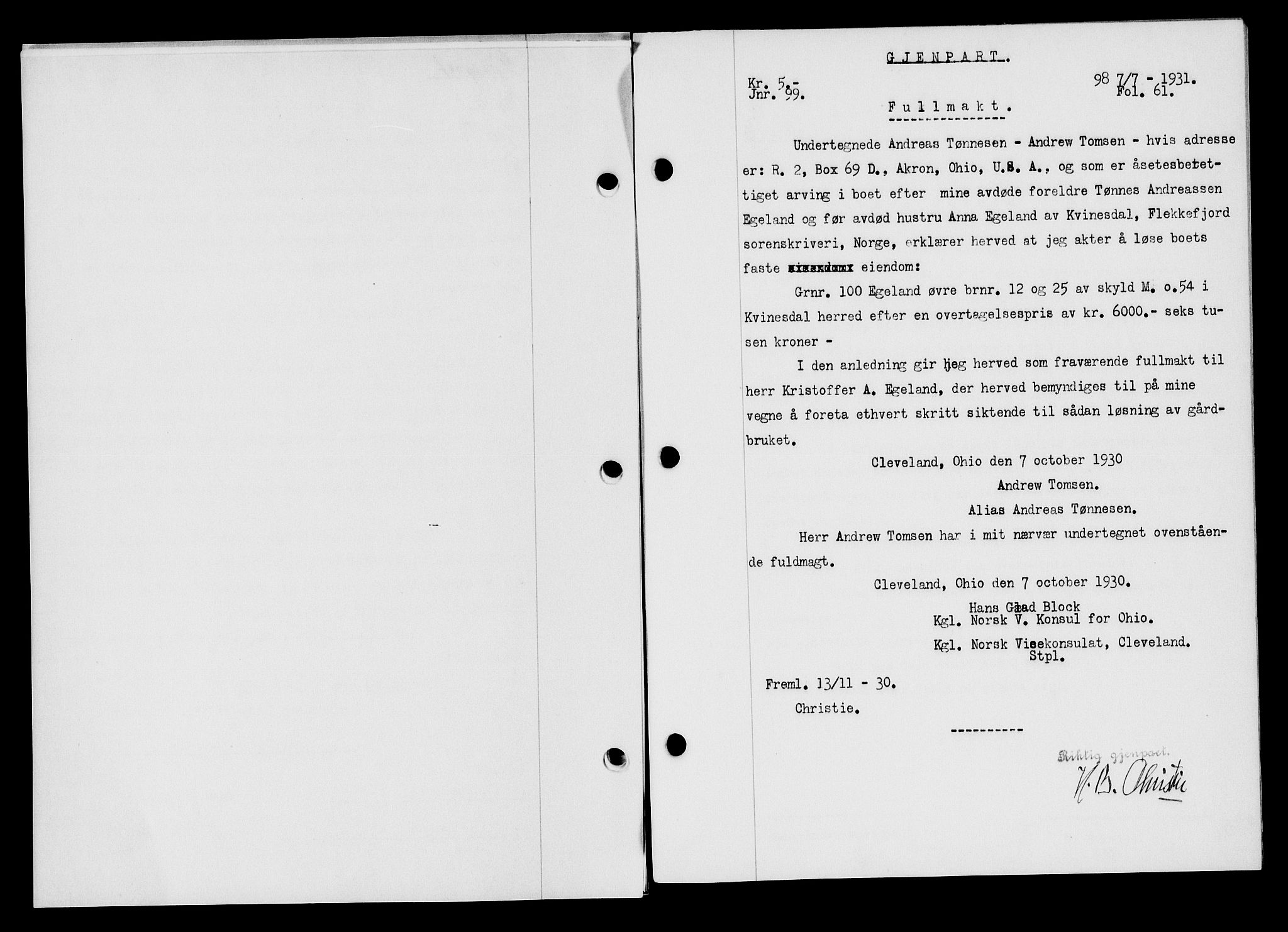 Flekkefjord sorenskriveri, AV/SAK-1221-0001/G/Gb/Gba/L0046: Mortgage book no. 44, 1930-1931, Deed date: 07.07.1931