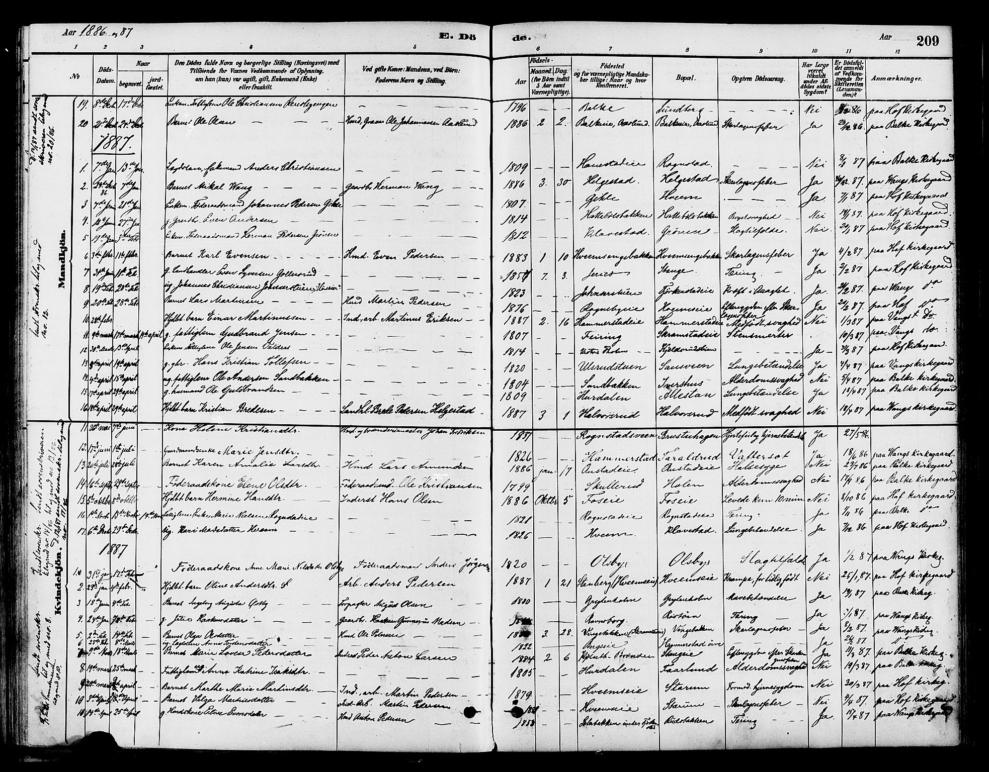 Østre Toten prestekontor, AV/SAH-PREST-104/H/Ha/Haa/L0007: Parish register (official) no. 7, 1881-1896, p. 209