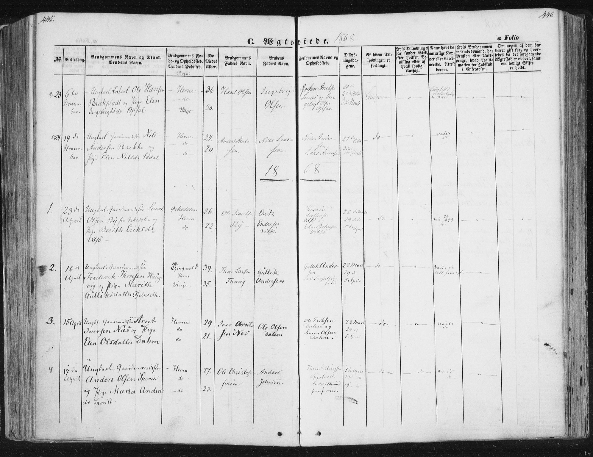 Ministerialprotokoller, klokkerbøker og fødselsregistre - Sør-Trøndelag, SAT/A-1456/630/L0494: Parish register (official) no. 630A07, 1852-1868, p. 445-446