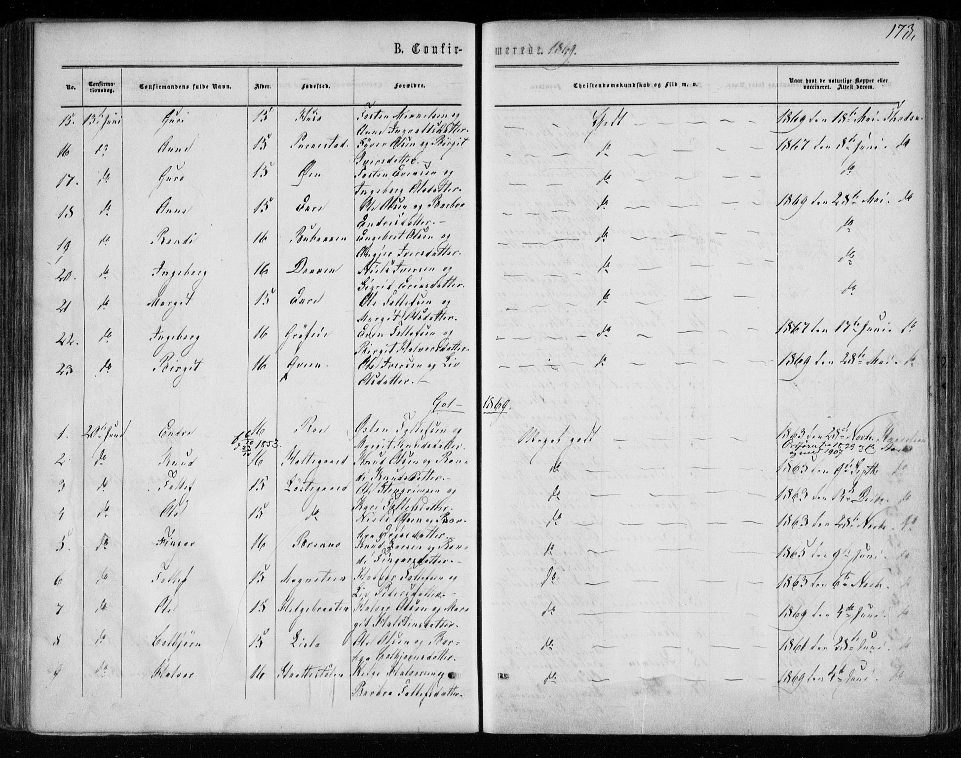 Gol kirkebøker, AV/SAKO-A-226/F/Fa/L0003: Parish register (official) no. I 3, 1863-1875, p. 173