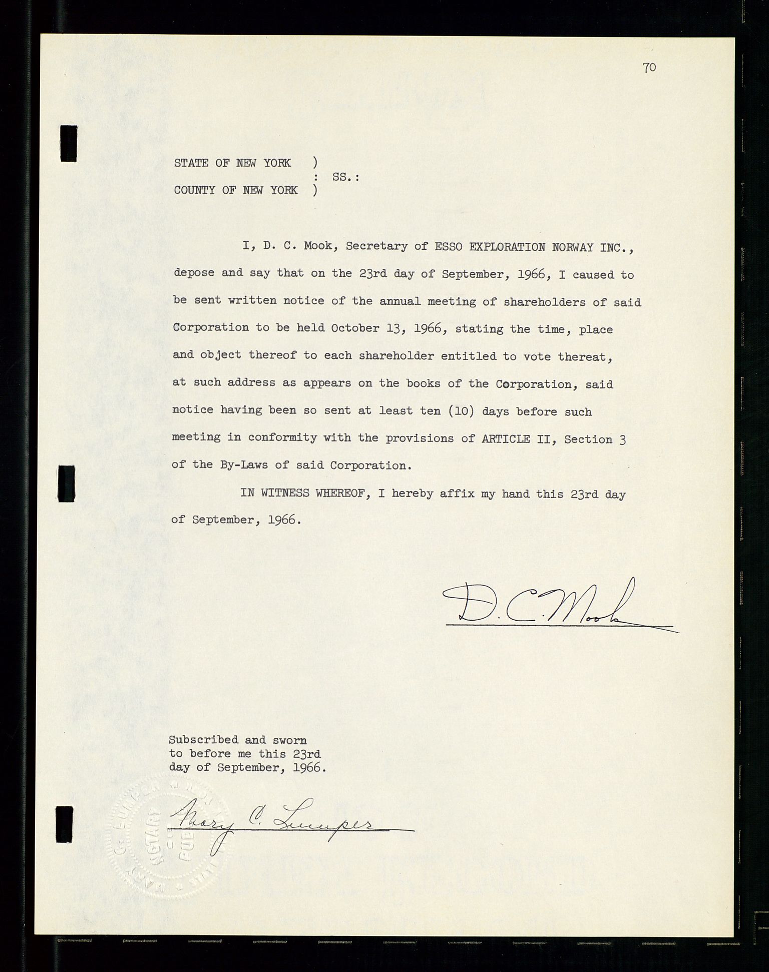 Pa 1512 - Esso Exploration and Production Norway Inc., SAST/A-101917/A/Aa/L0001/0001: Styredokumenter / Corporate records, By-Laws, Board meeting minutes, Incorporations, 1965-1975, p. 70