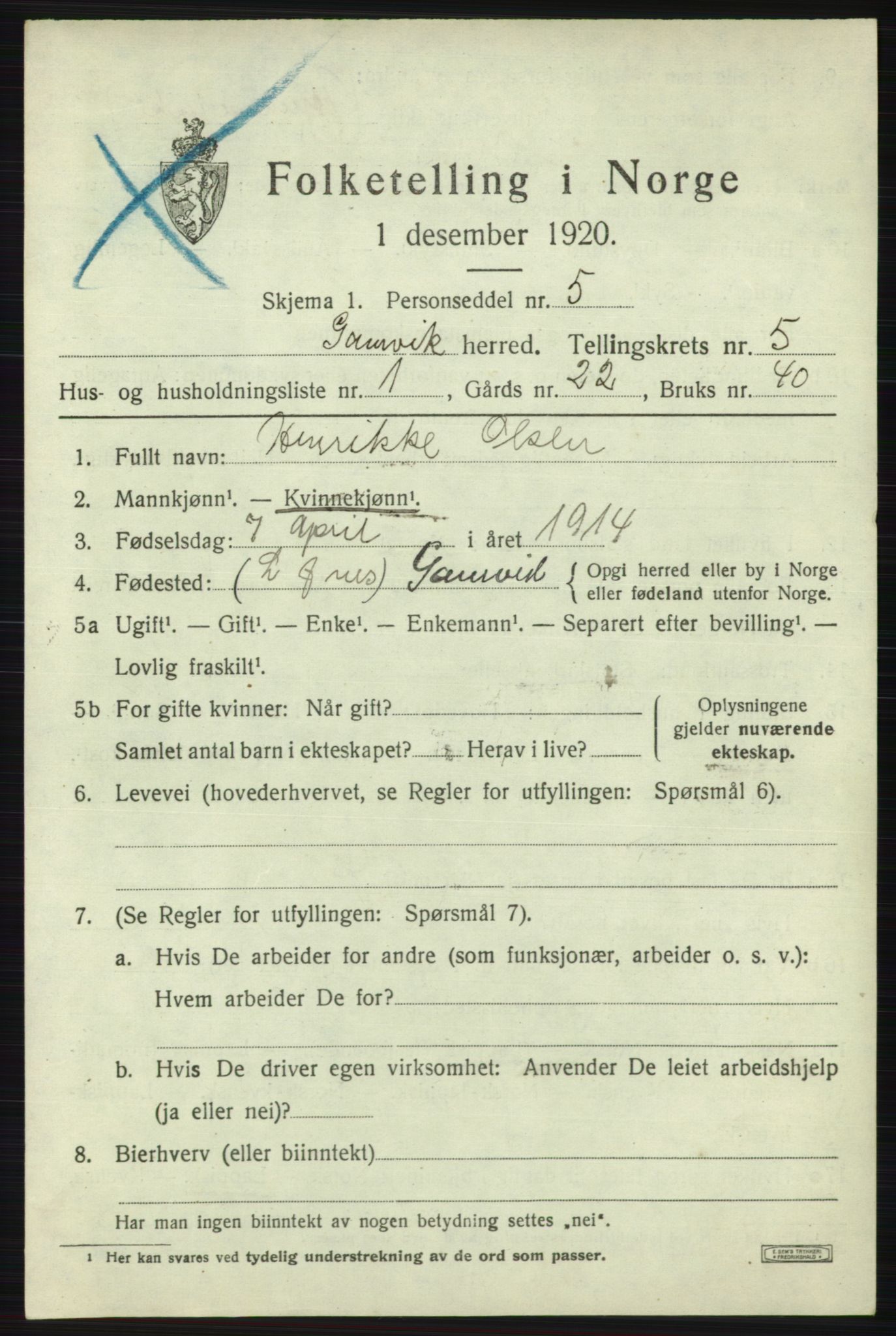 SATØ, 1920 census for Gamvik, 1920, p. 3558