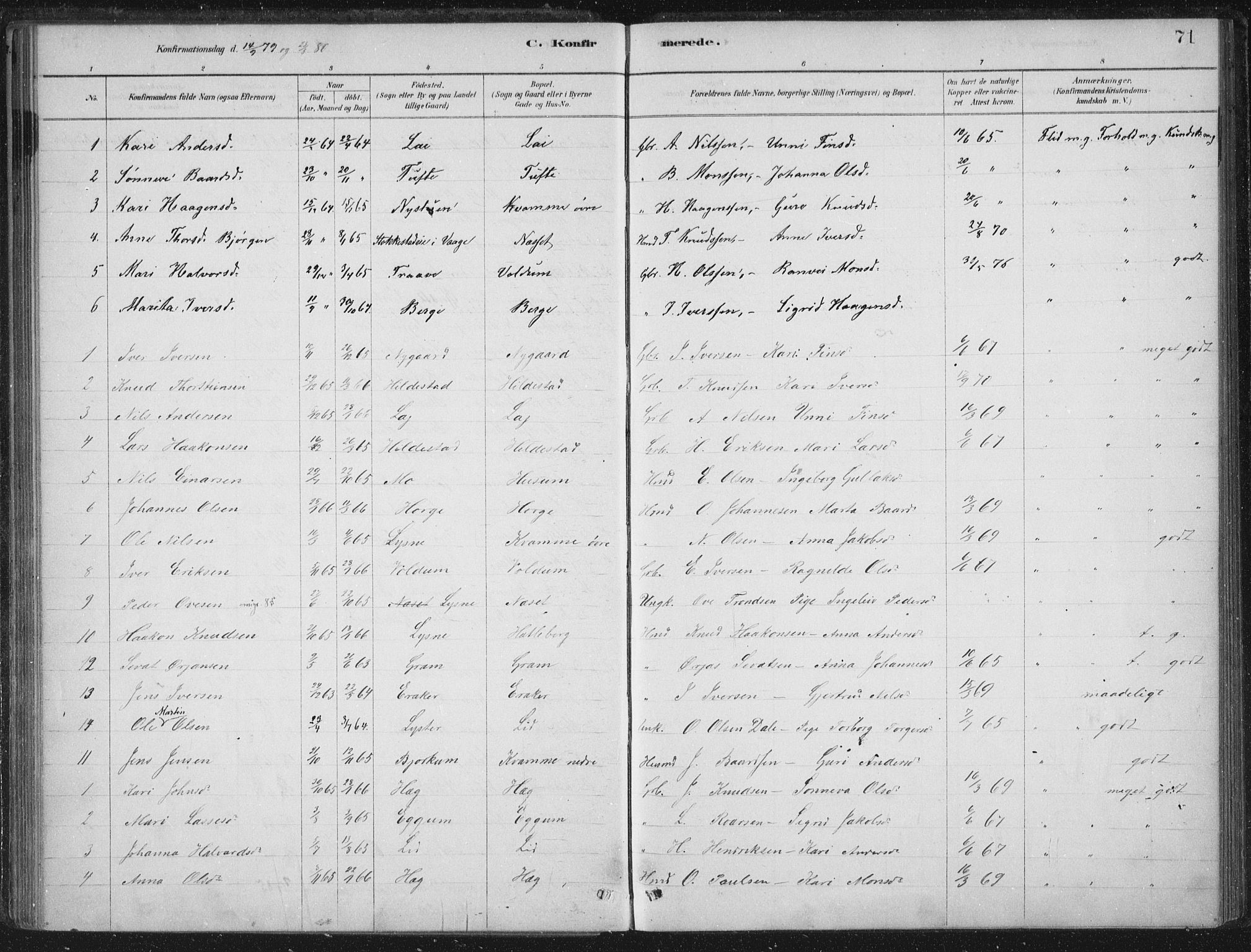 Lærdal sokneprestembete, AV/SAB-A-81201: Parish register (official) no. C  1, 1878-1911, p. 71