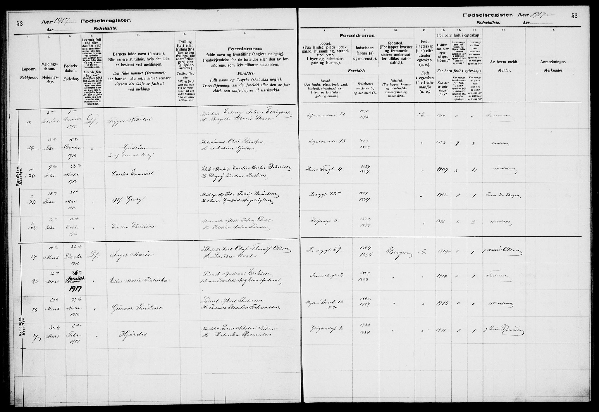 Sandviken Sokneprestembete, AV/SAB-A-77601/I/Ib/L00A1: Birth register no. A 1, 1915-1920, p. 52