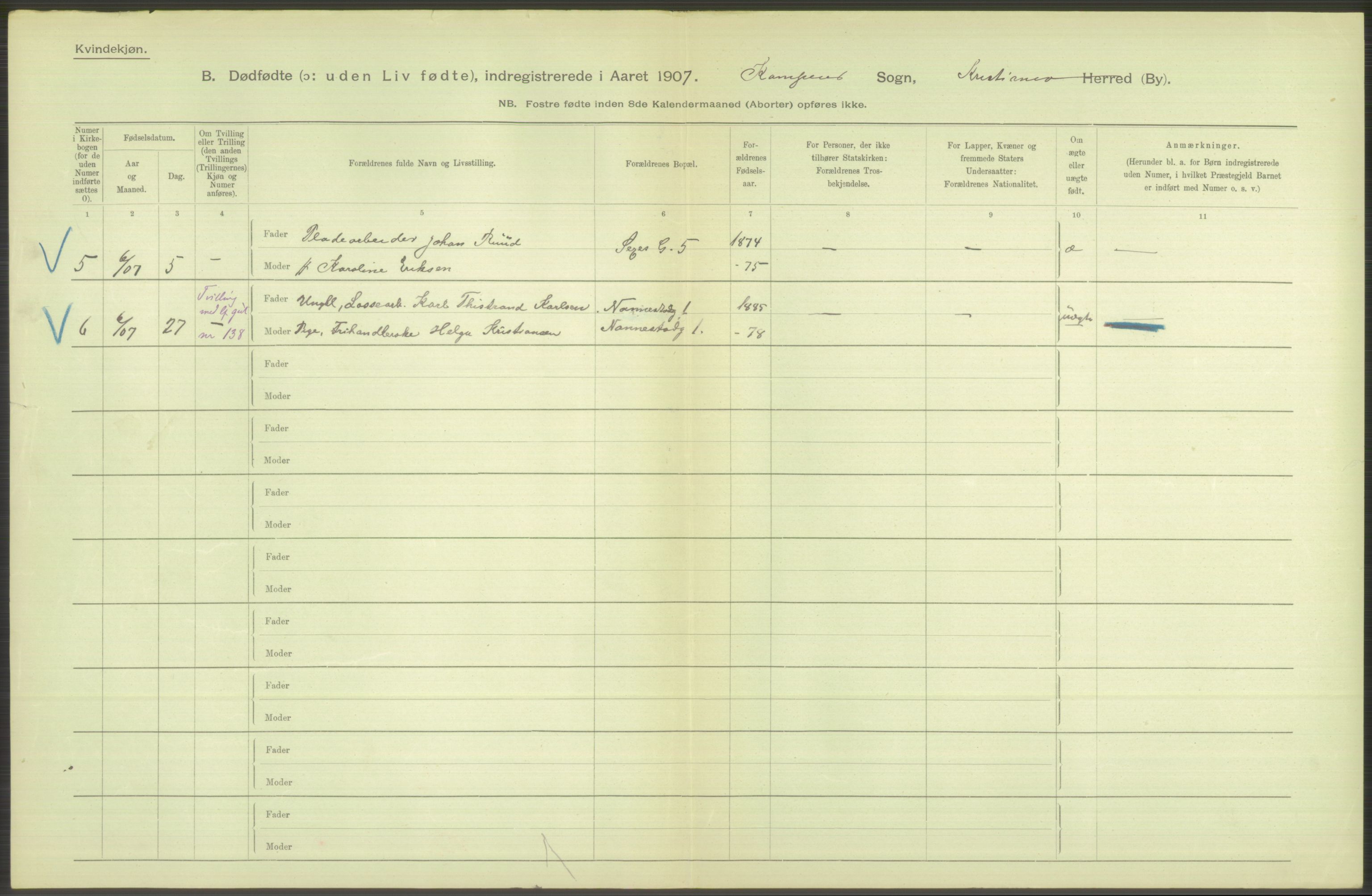 Statistisk sentralbyrå, Sosiodemografiske emner, Befolkning, AV/RA-S-2228/D/Df/Dfa/Dfae/L0010: Kristiania: Døde, dødfødte, 1907, p. 174