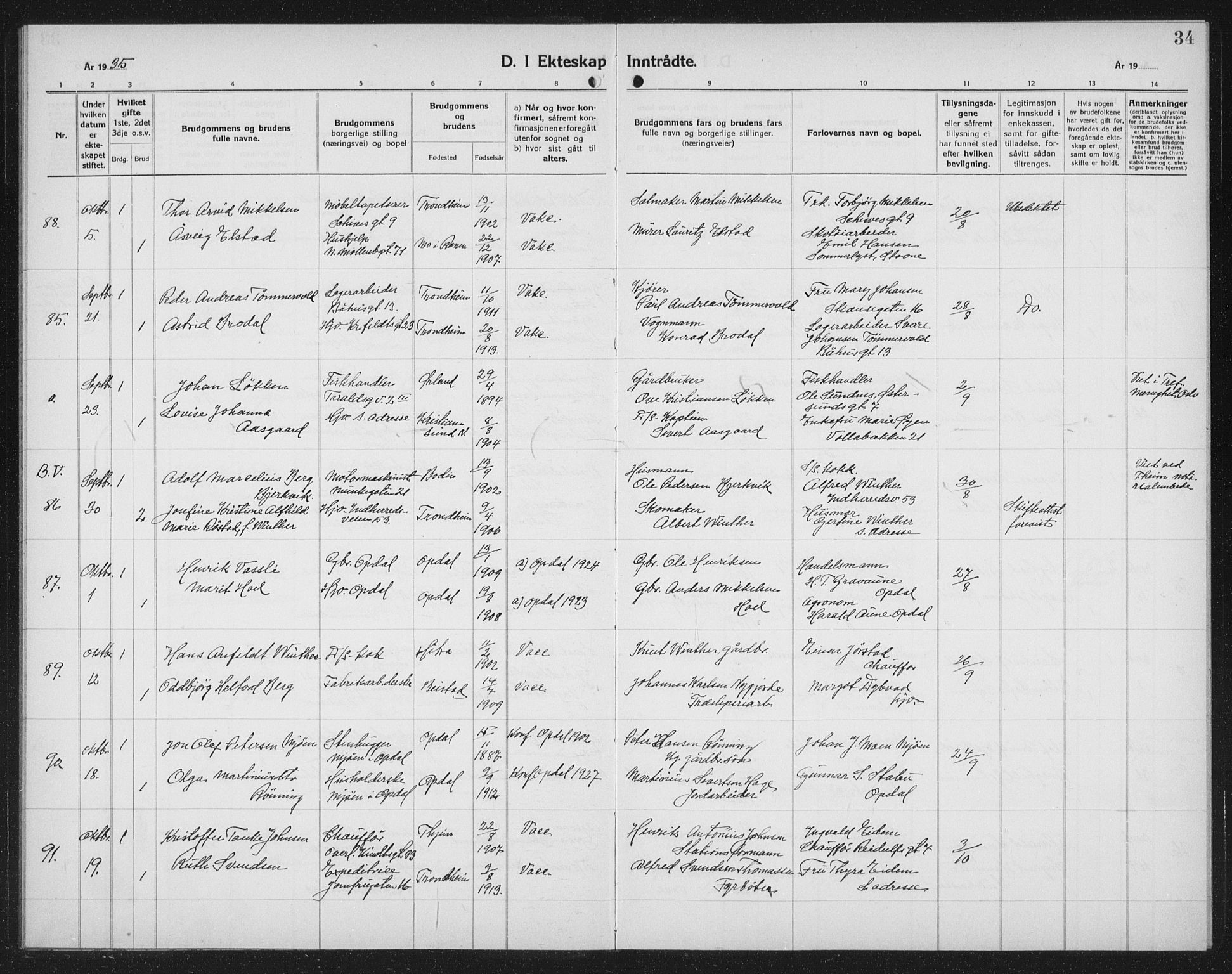 Ministerialprotokoller, klokkerbøker og fødselsregistre - Sør-Trøndelag, AV/SAT-A-1456/602/L0152: Parish register (copy) no. 602C20, 1933-1940, p. 34