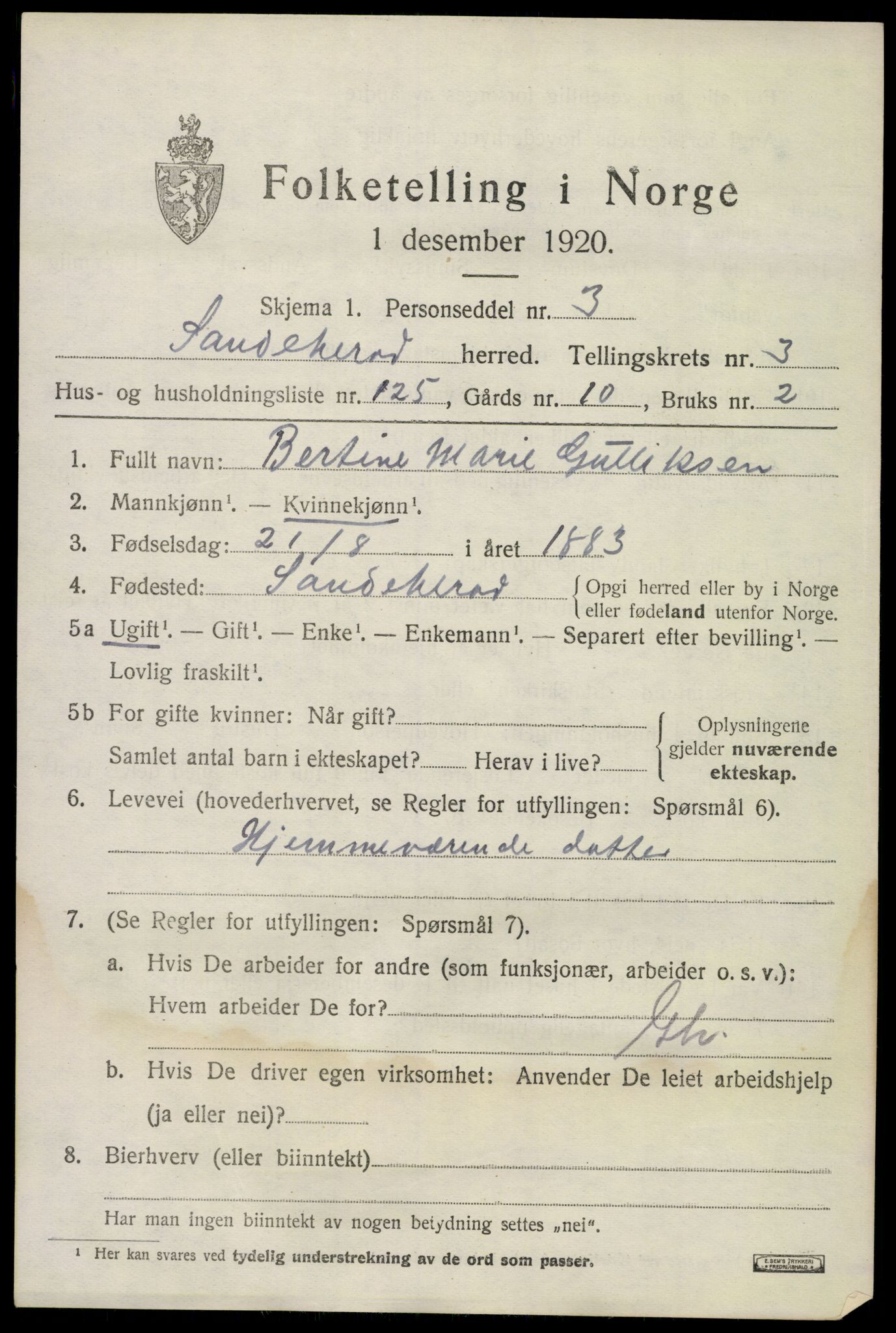 SAKO, 1920 census for Sandeherred, 1920, p. 6652