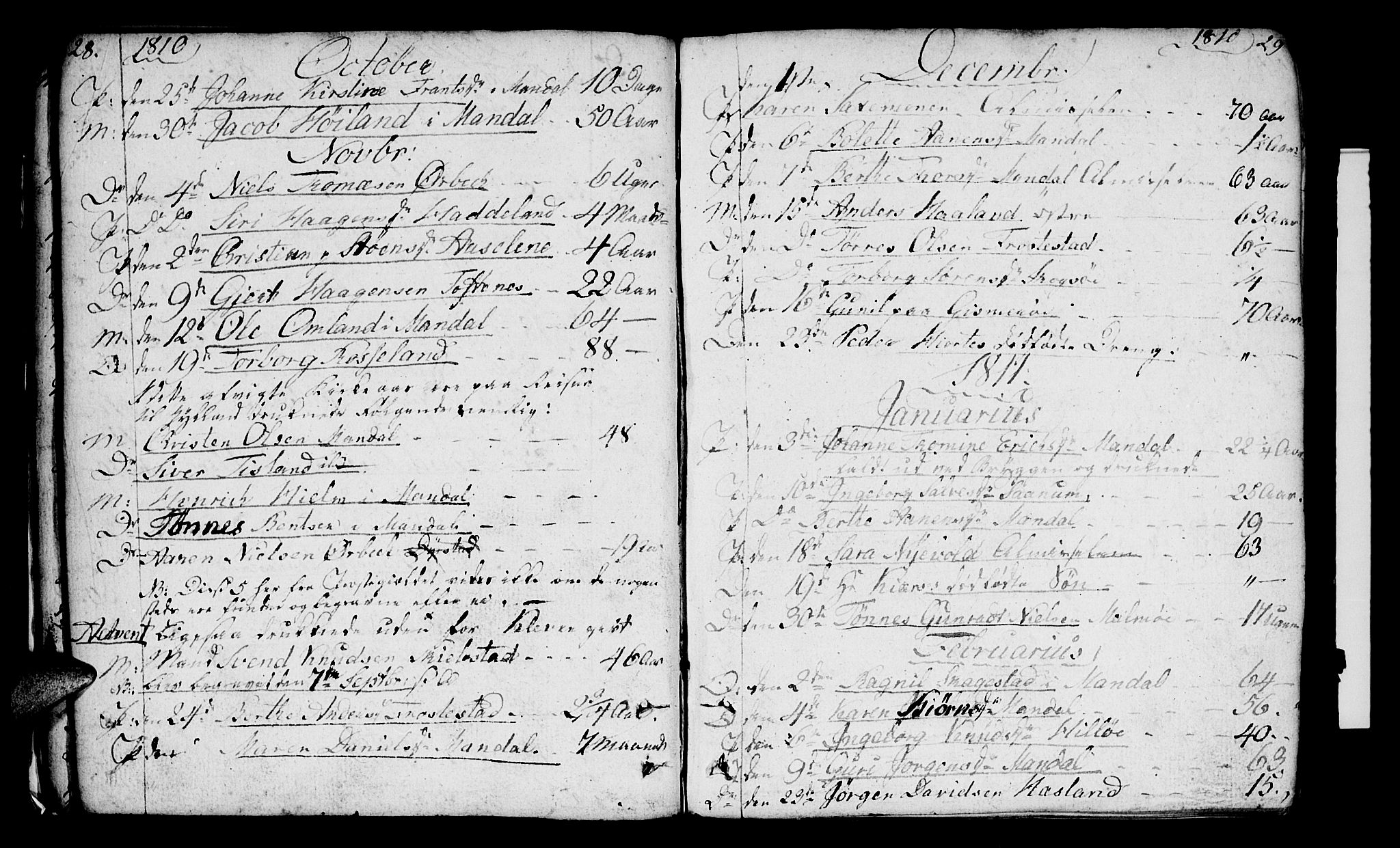 Mandal sokneprestkontor, AV/SAK-1111-0030/F/Fa/Faa/L0009: Parish register (official) no. A 9, 1804-1818, p. 28-29