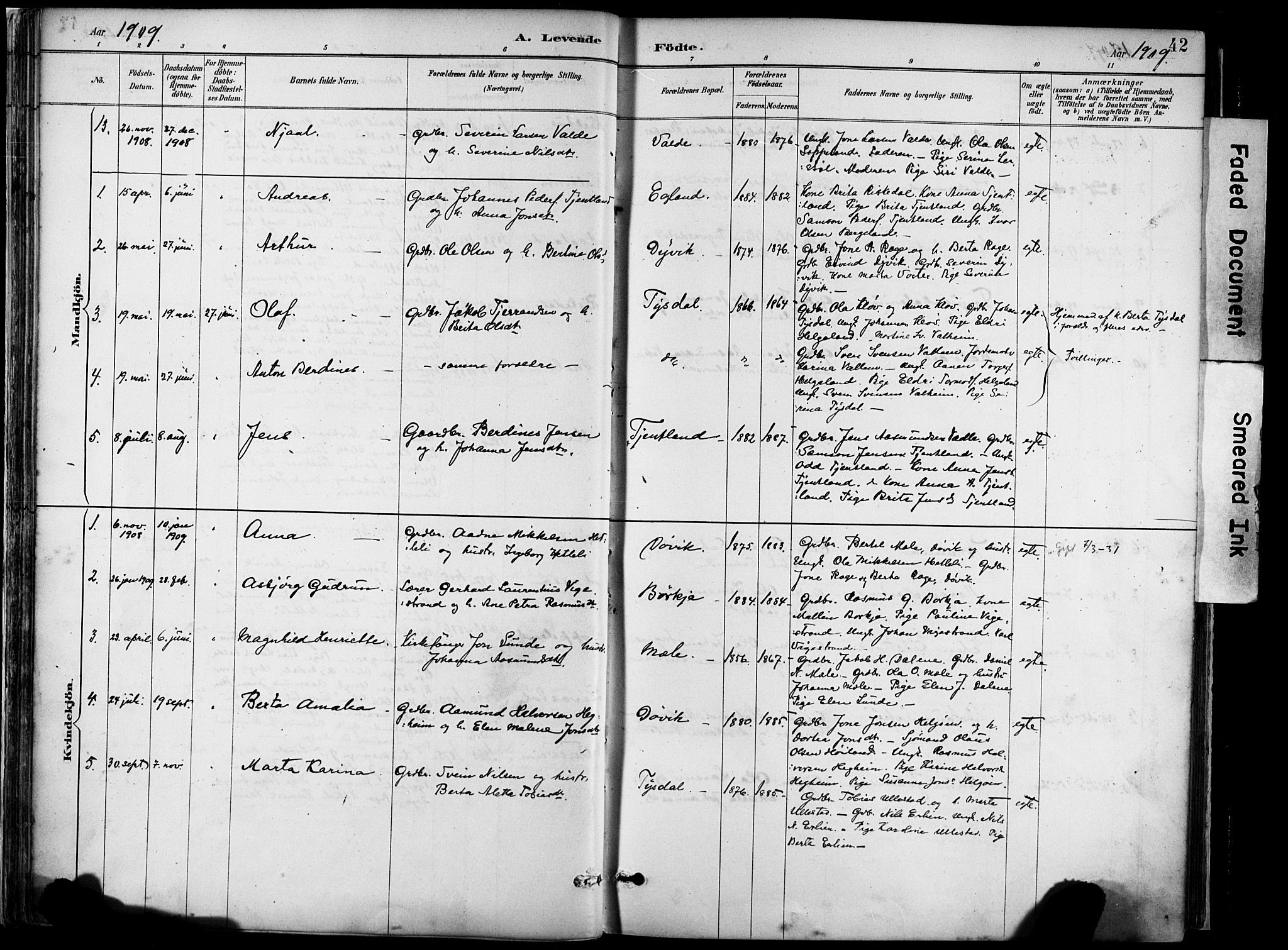 Hjelmeland sokneprestkontor, AV/SAST-A-101843/02/A/L0001: Parish register (official) no. A 16, 1887-1926, p. 42