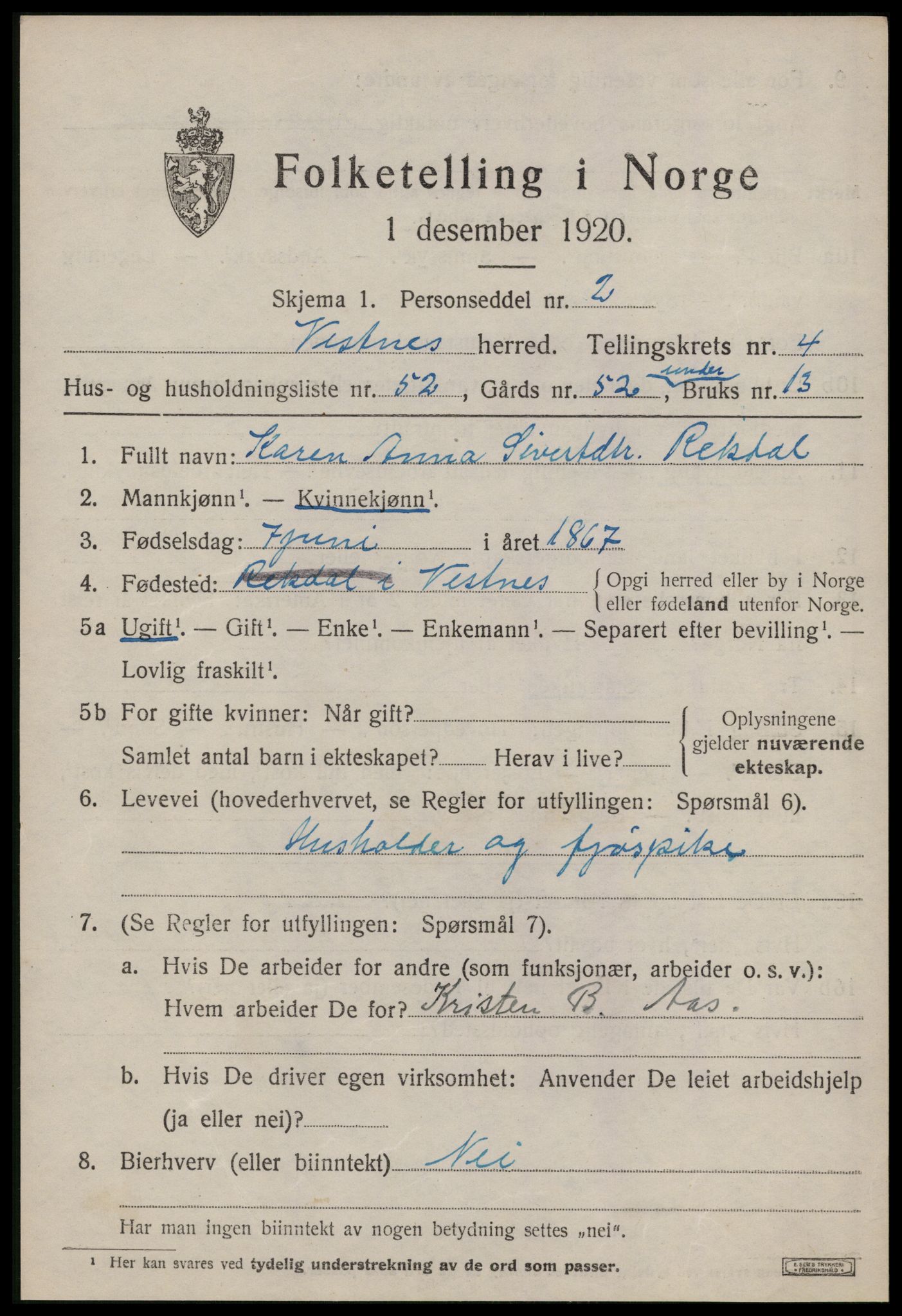 SAT, 1920 census for Vestnes, 1920, p. 3875