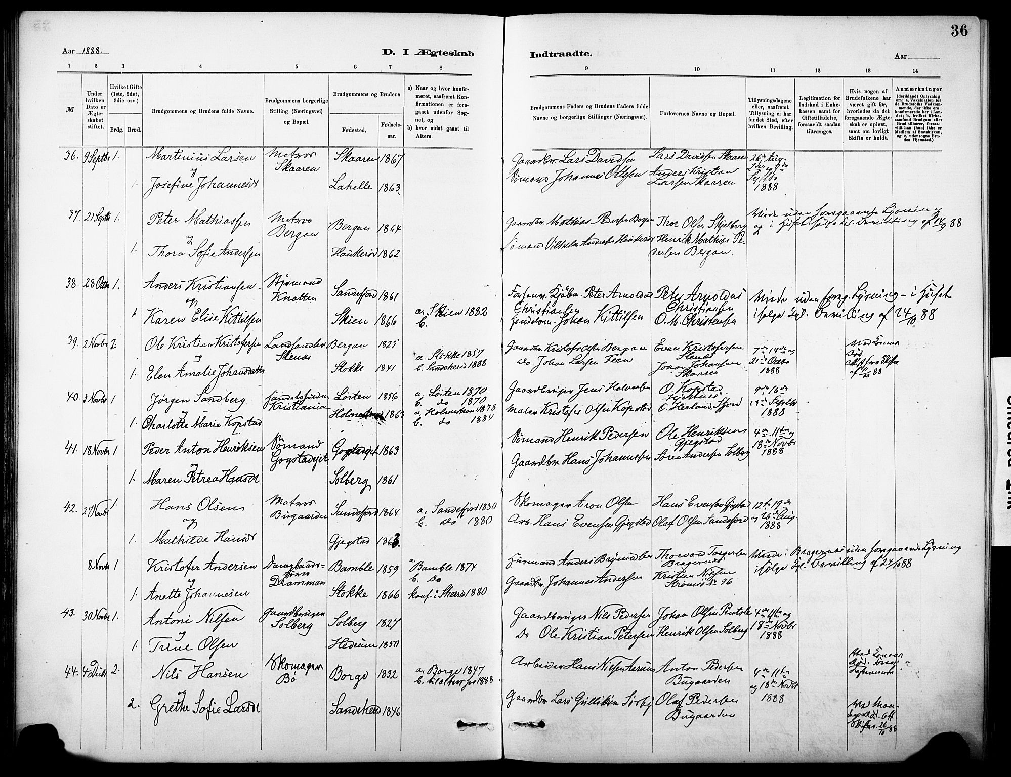 Sandar kirkebøker, AV/SAKO-A-243/F/Fa/L0013: Parish register (official) no. 13, 1883-1895, p. 36