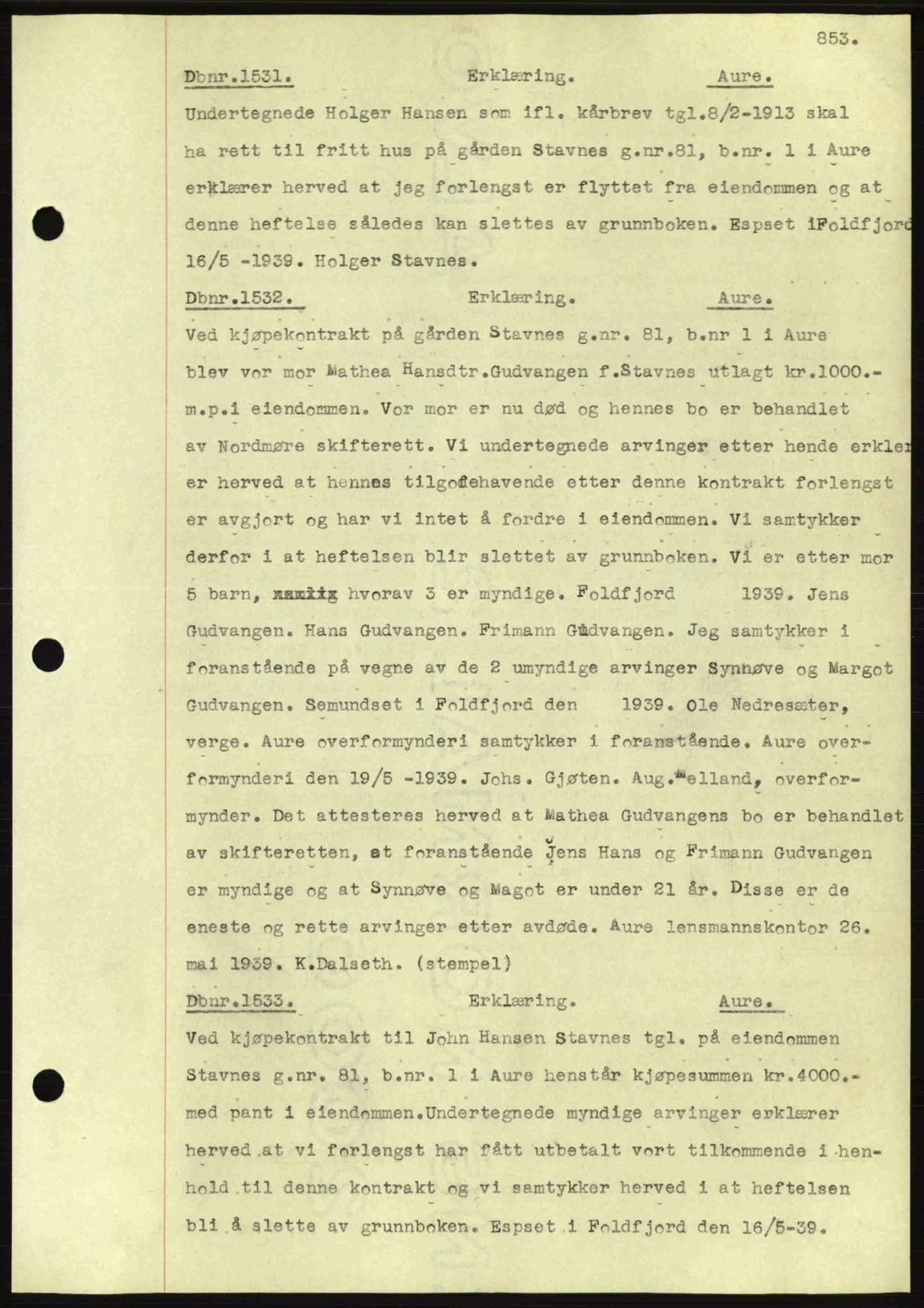 Nordmøre sorenskriveri, AV/SAT-A-4132/1/2/2Ca: Mortgage book no. C80, 1936-1939, Diary no: : 1531/1939