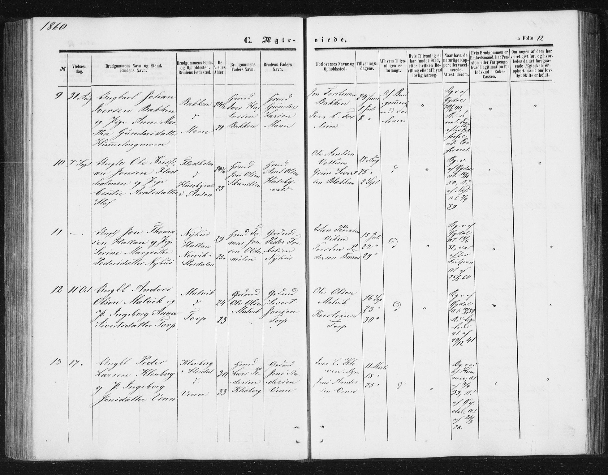 Ministerialprotokoller, klokkerbøker og fødselsregistre - Sør-Trøndelag, SAT/A-1456/616/L0408: Parish register (official) no. 616A05, 1857-1865, p. 12