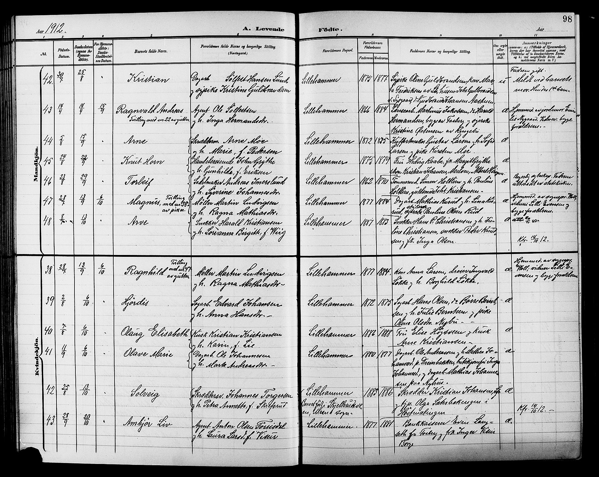 Lillehammer prestekontor, AV/SAH-PREST-088/H/Ha/Hab/L0001: Parish register (copy) no. 1, 1901-1913, p. 98