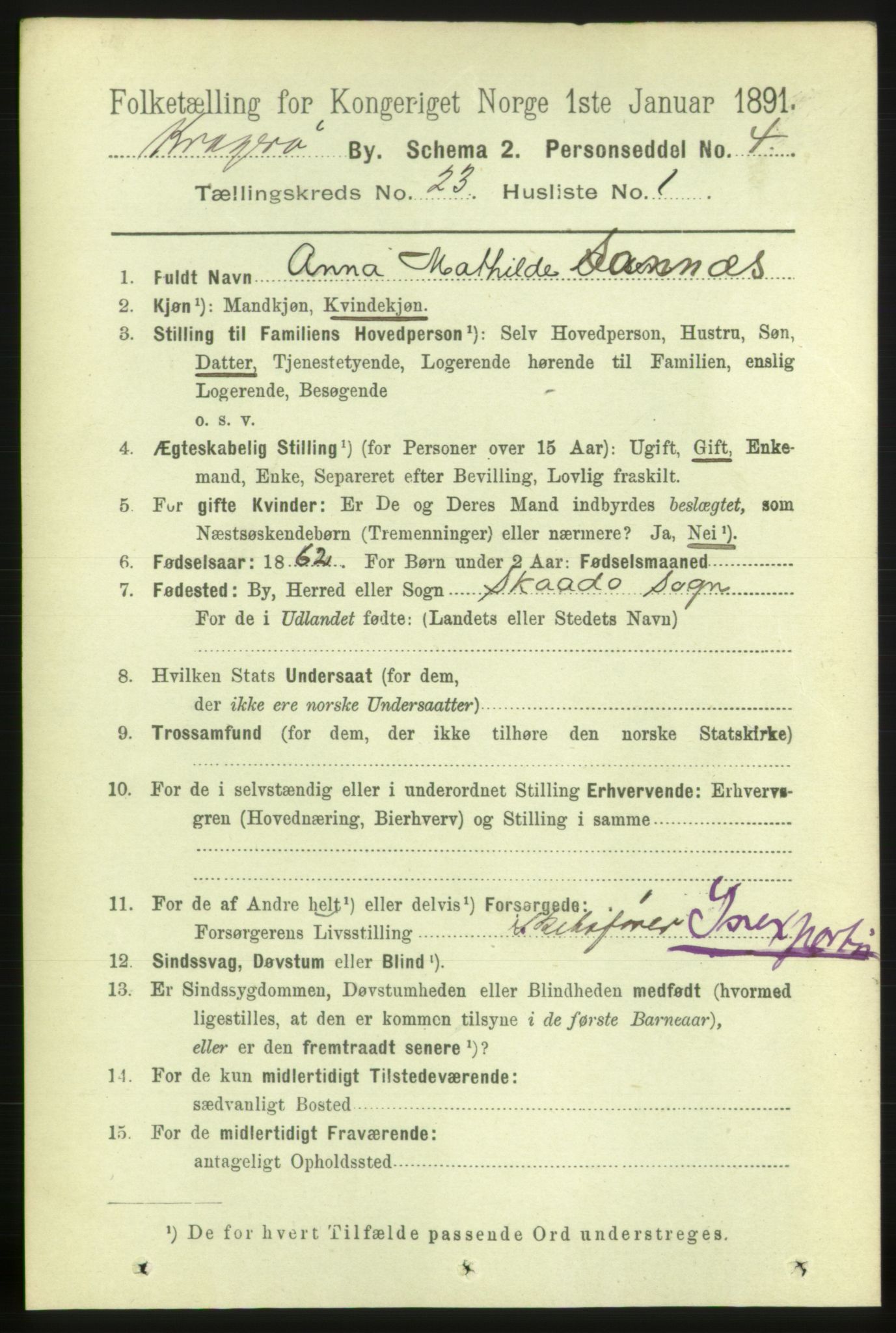 RA, 1891 census for 0801 Kragerø, 1891, p. 4881