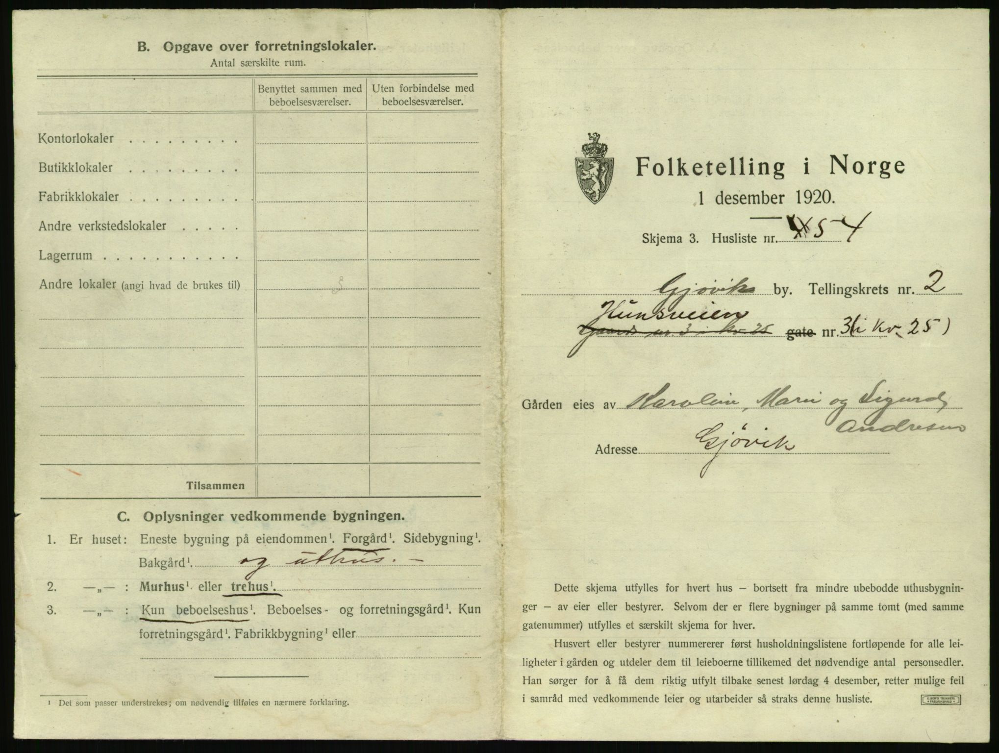 SAH, 1920 census for Gjøvik, 1920, p. 262