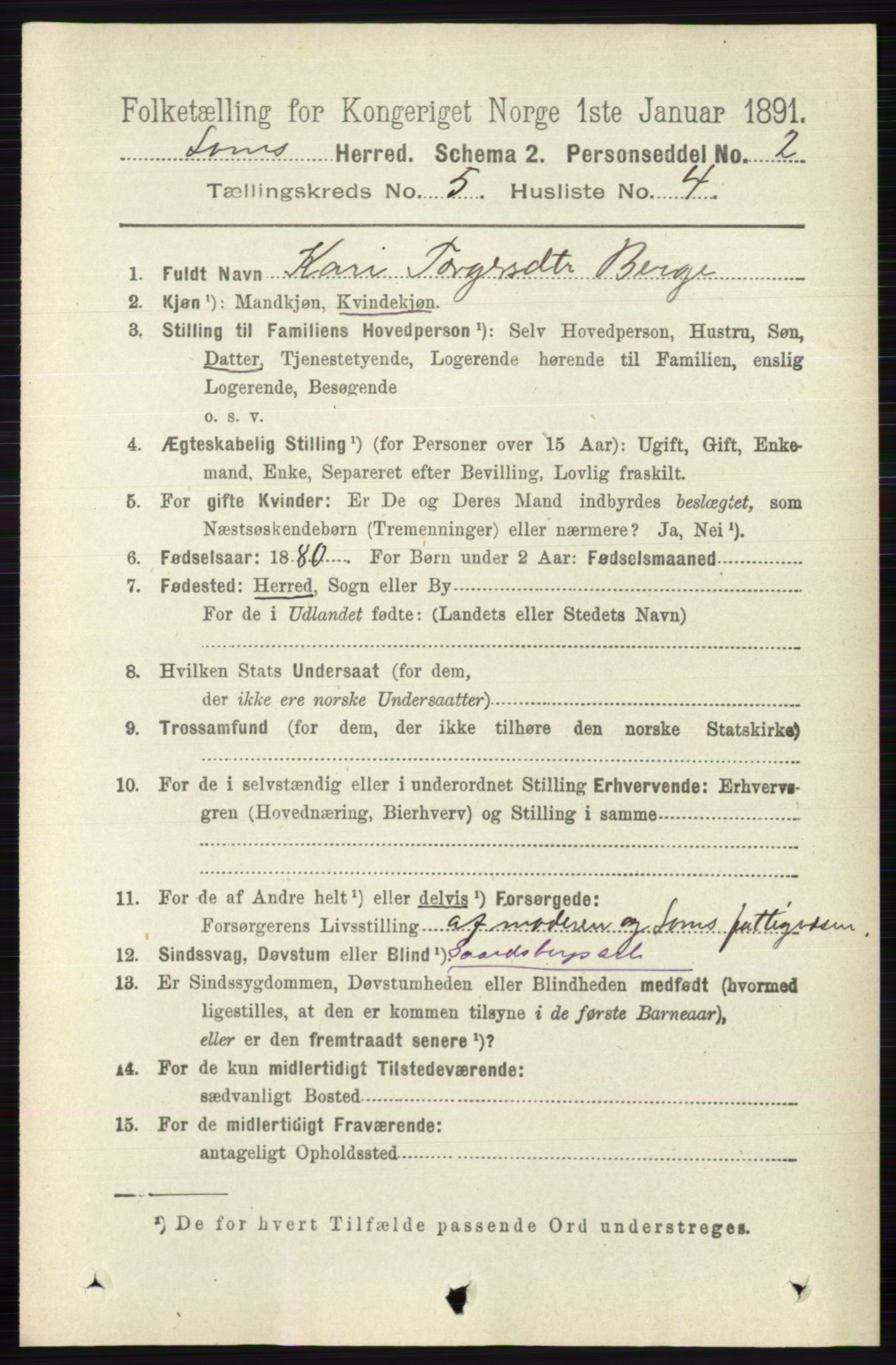 RA, 1891 census for 0514 Lom, 1891, p. 1865