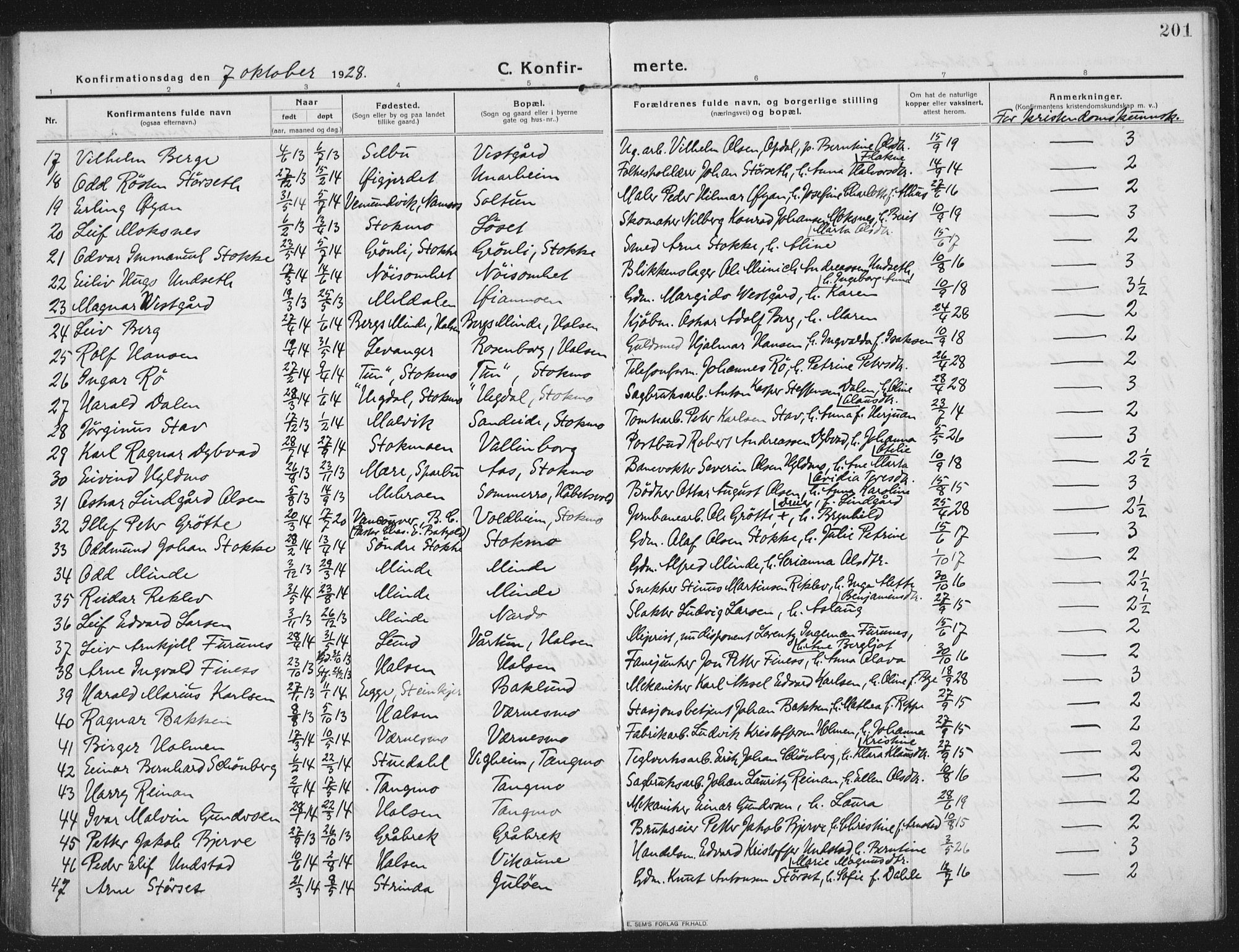 Ministerialprotokoller, klokkerbøker og fødselsregistre - Nord-Trøndelag, SAT/A-1458/709/L0083: Parish register (official) no. 709A23, 1916-1928, p. 201