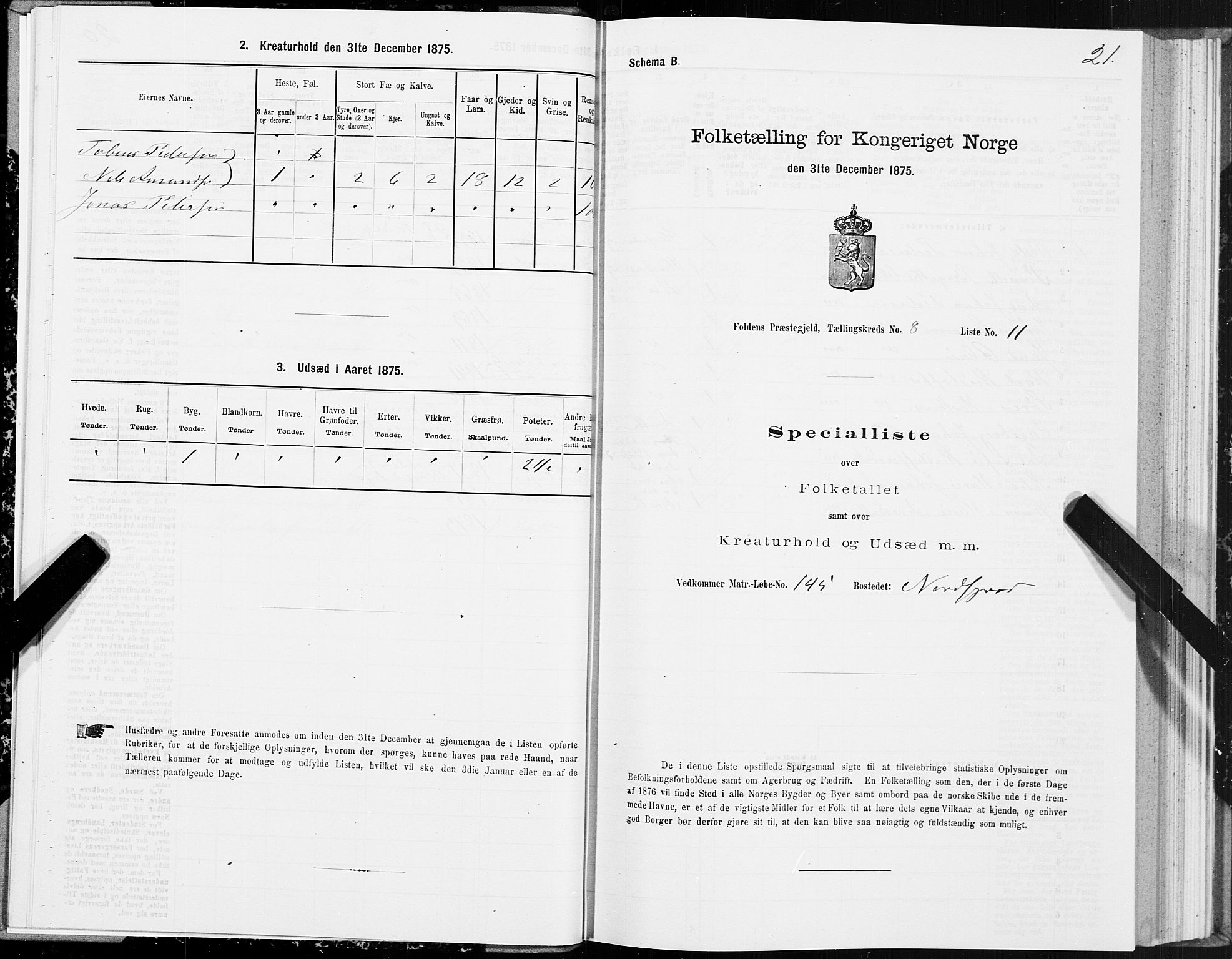 SAT, 1875 census for 1845P Folda, 1875, p. 3021