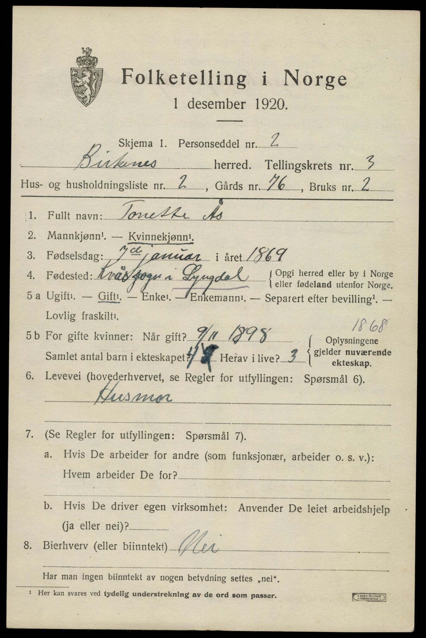 SAK, 1920 census for Birkenes, 1920, p. 1431