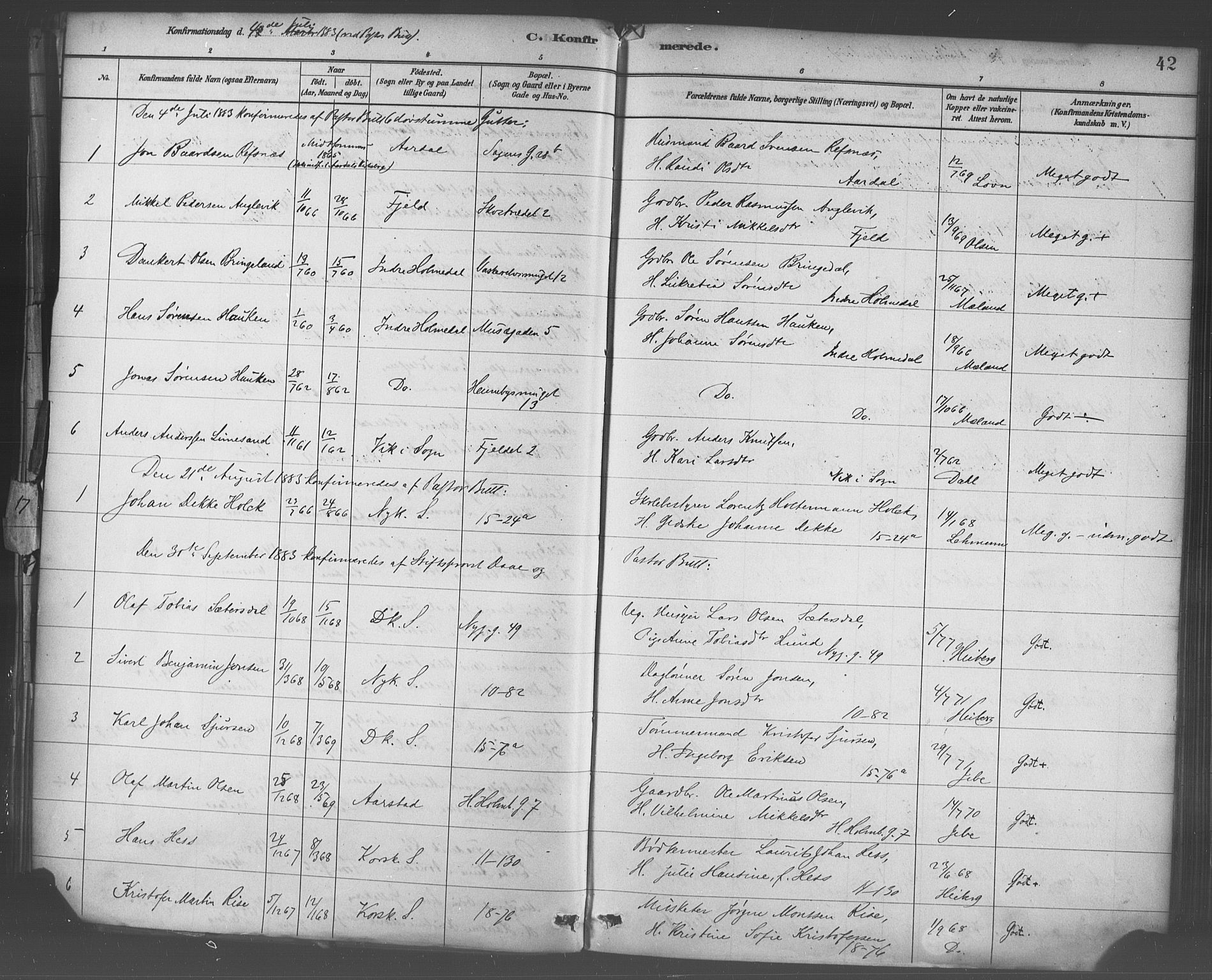 Domkirken sokneprestembete, AV/SAB-A-74801/H/Haa/L0030: Parish register (official) no. C 5, 1880-1898, p. 42