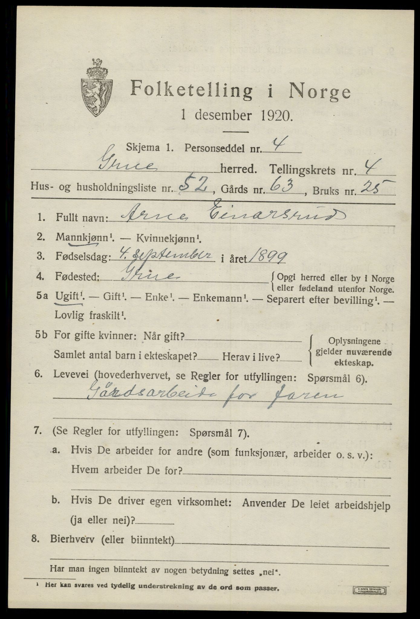 SAH, 1920 census for Grue, 1920, p. 4903