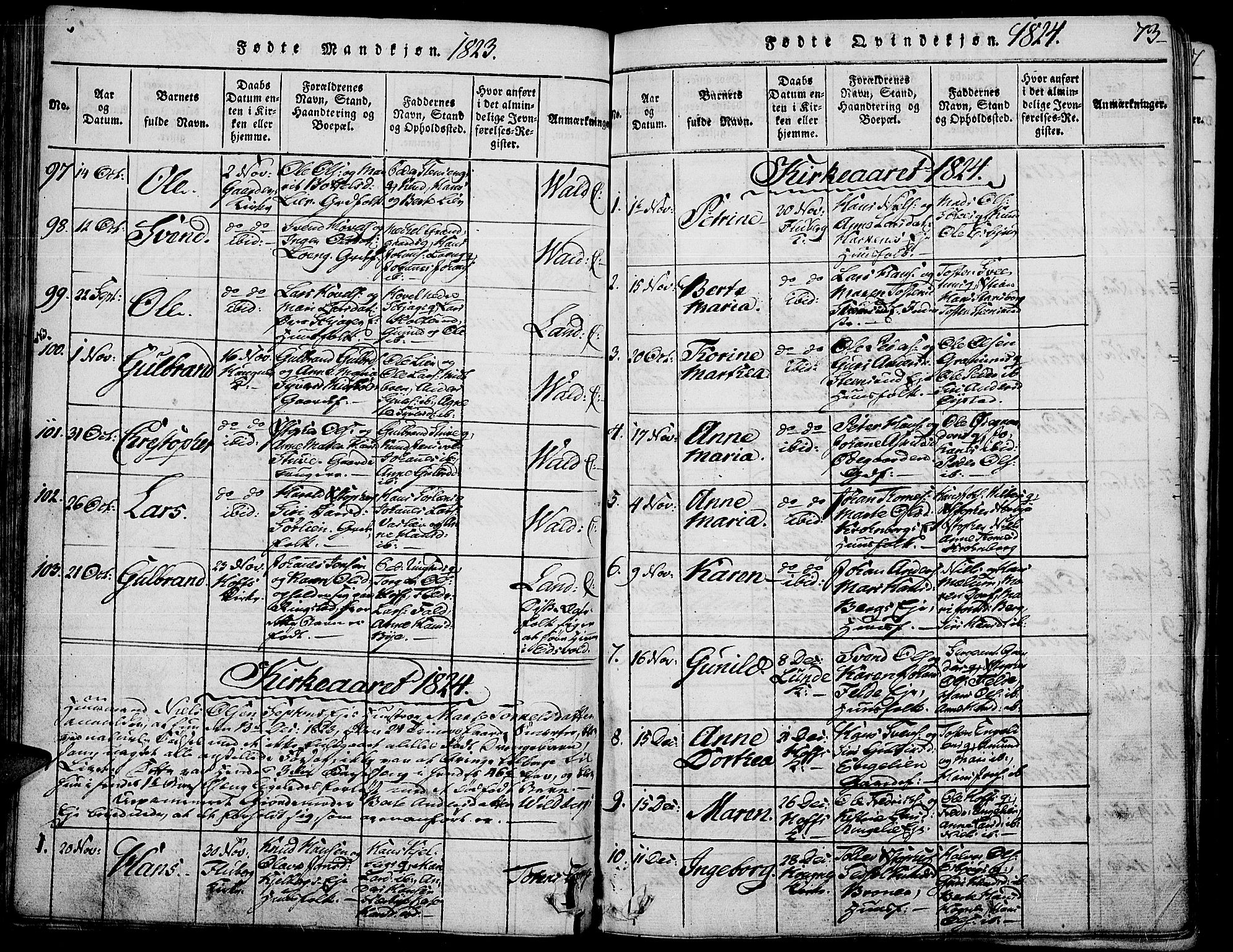 Land prestekontor, SAH/PREST-120/H/Ha/Haa/L0007: Parish register (official) no. 7, 1814-1830, p. 73