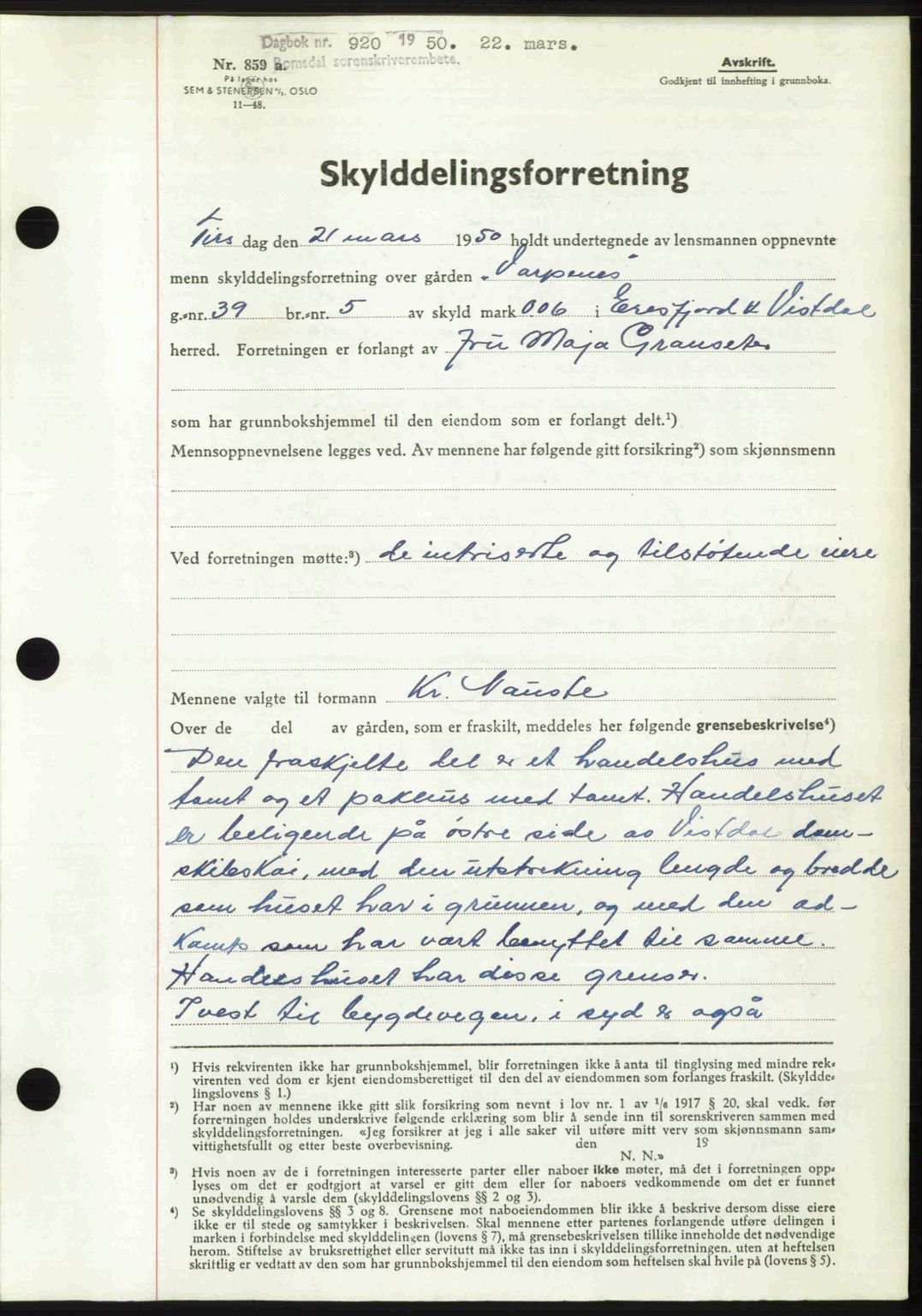 Romsdal sorenskriveri, AV/SAT-A-4149/1/2/2C: Mortgage book no. A32, 1950-1950, Diary no: : 920/1950