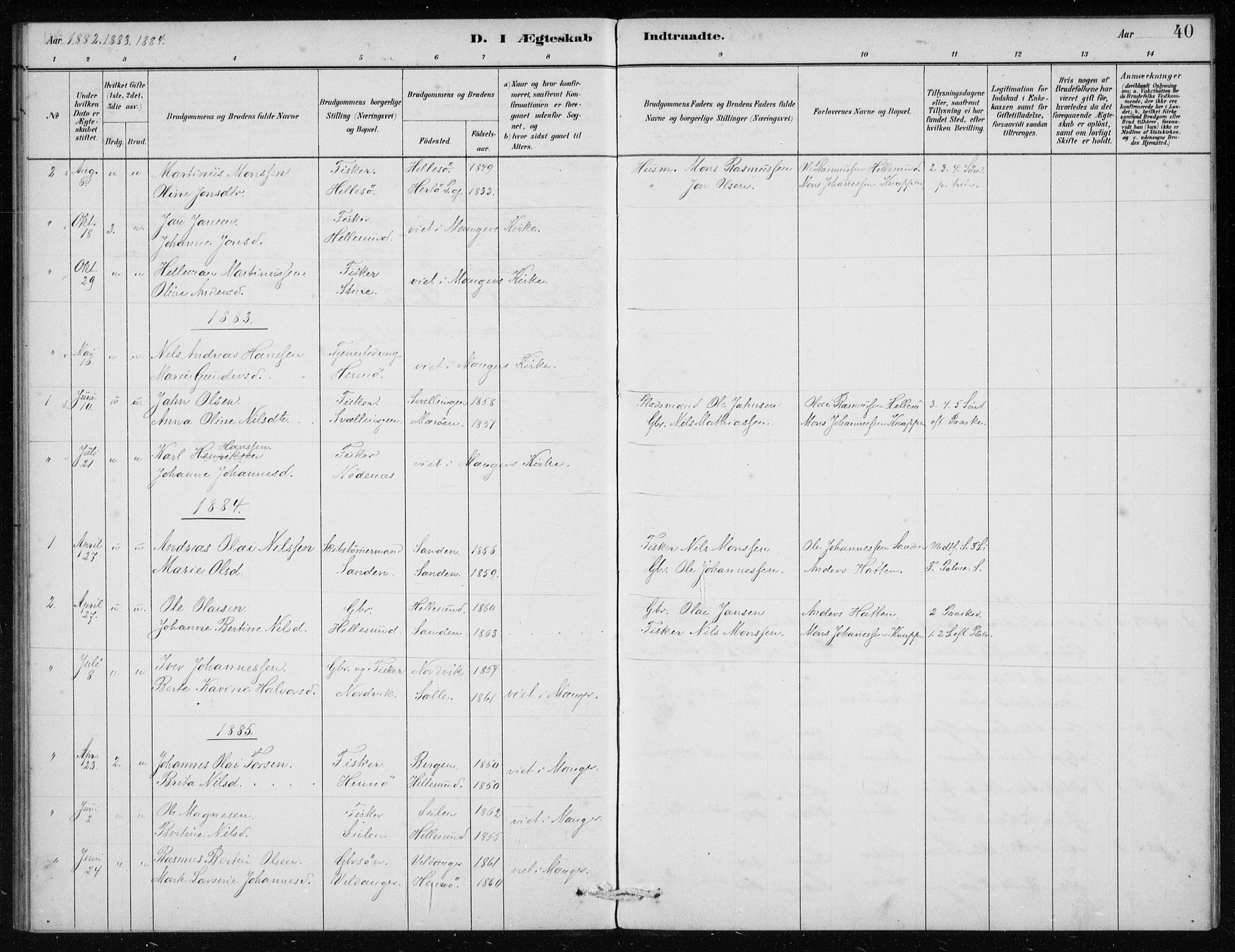 Manger sokneprestembete, SAB/A-76801/H/Haa: Parish register (official) no. E  1, 1881-1890, p. 40