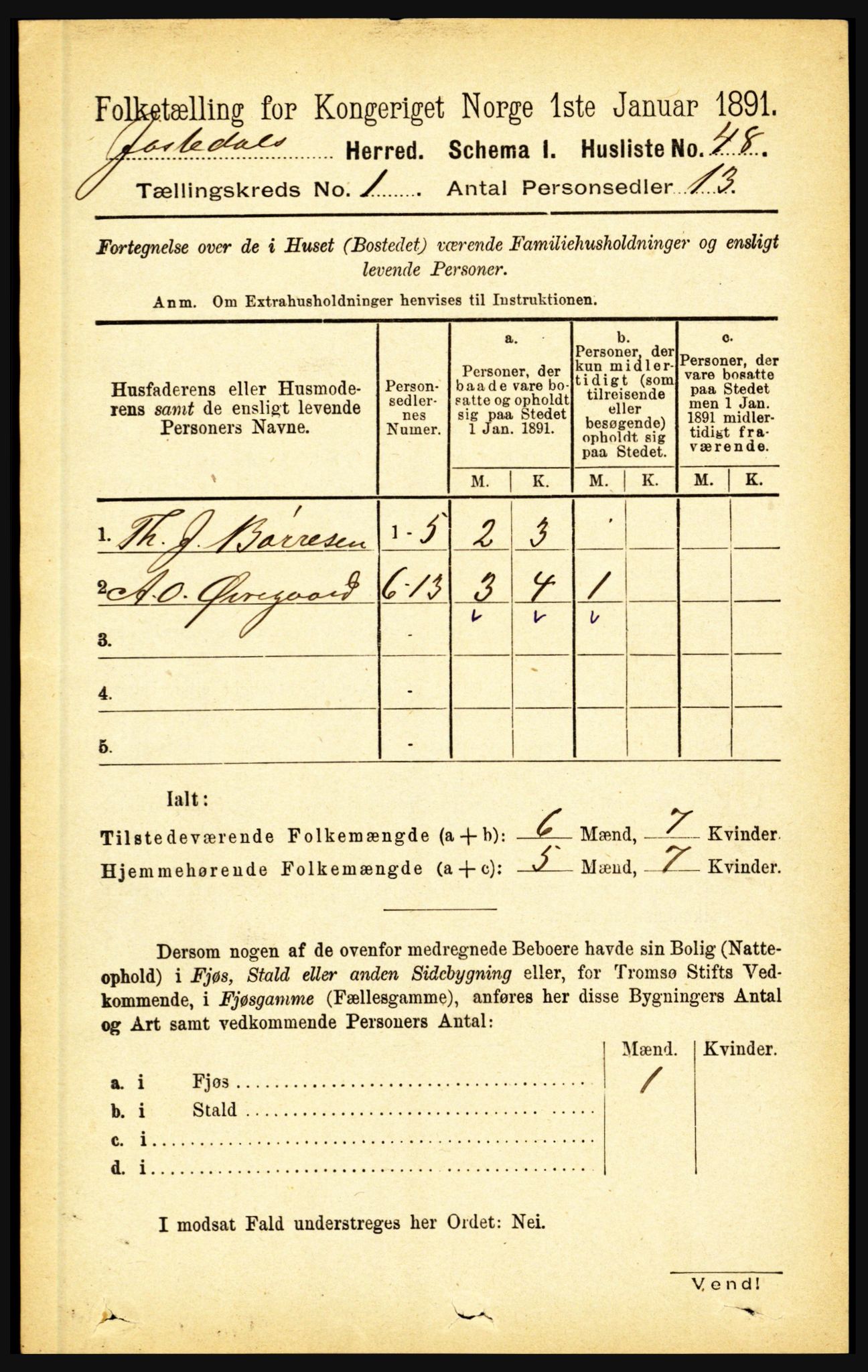 RA, 1891 census for 1427 Jostedal, 1891, p. 61