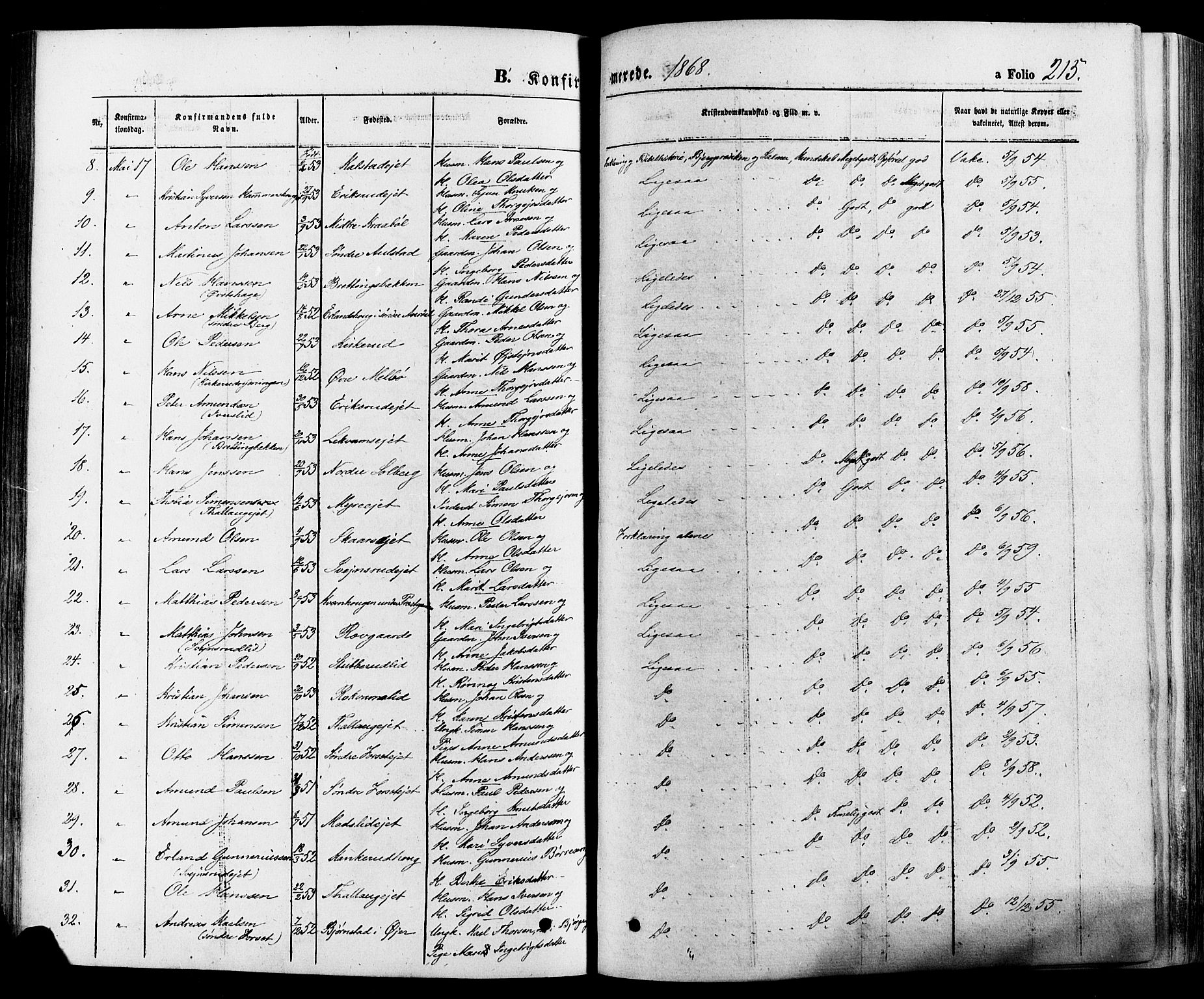 Gausdal prestekontor, SAH/PREST-090/H/Ha/Haa/L0010: Parish register (official) no. 10, 1867-1886, p. 215
