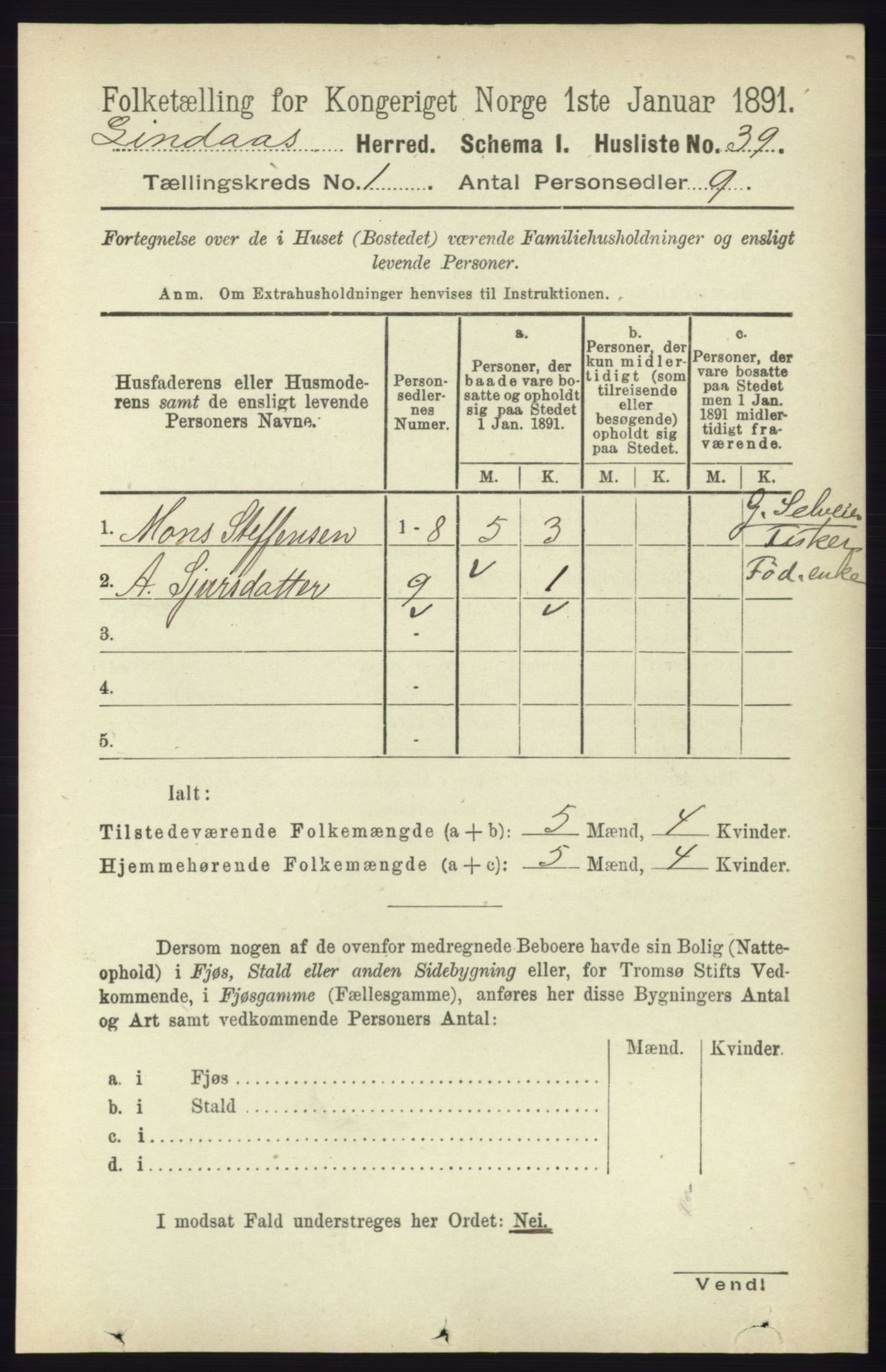 RA, 1891 census for 1263 Lindås, 1891, p. 85