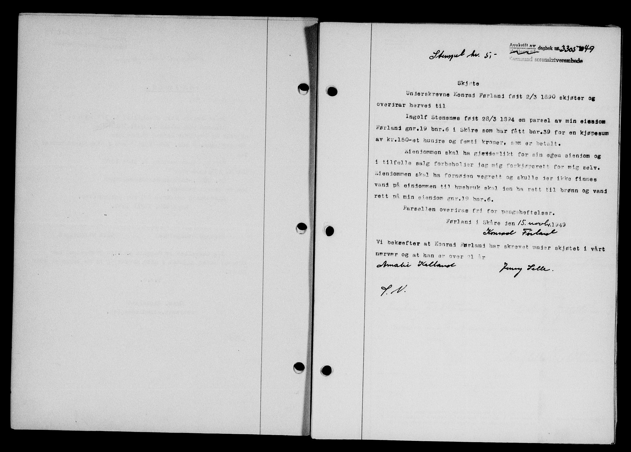 Karmsund sorenskriveri, SAST/A-100311/01/II/IIB/L0098: Mortgage book no. 78A, 1949-1950, Diary no: : 3305/1949