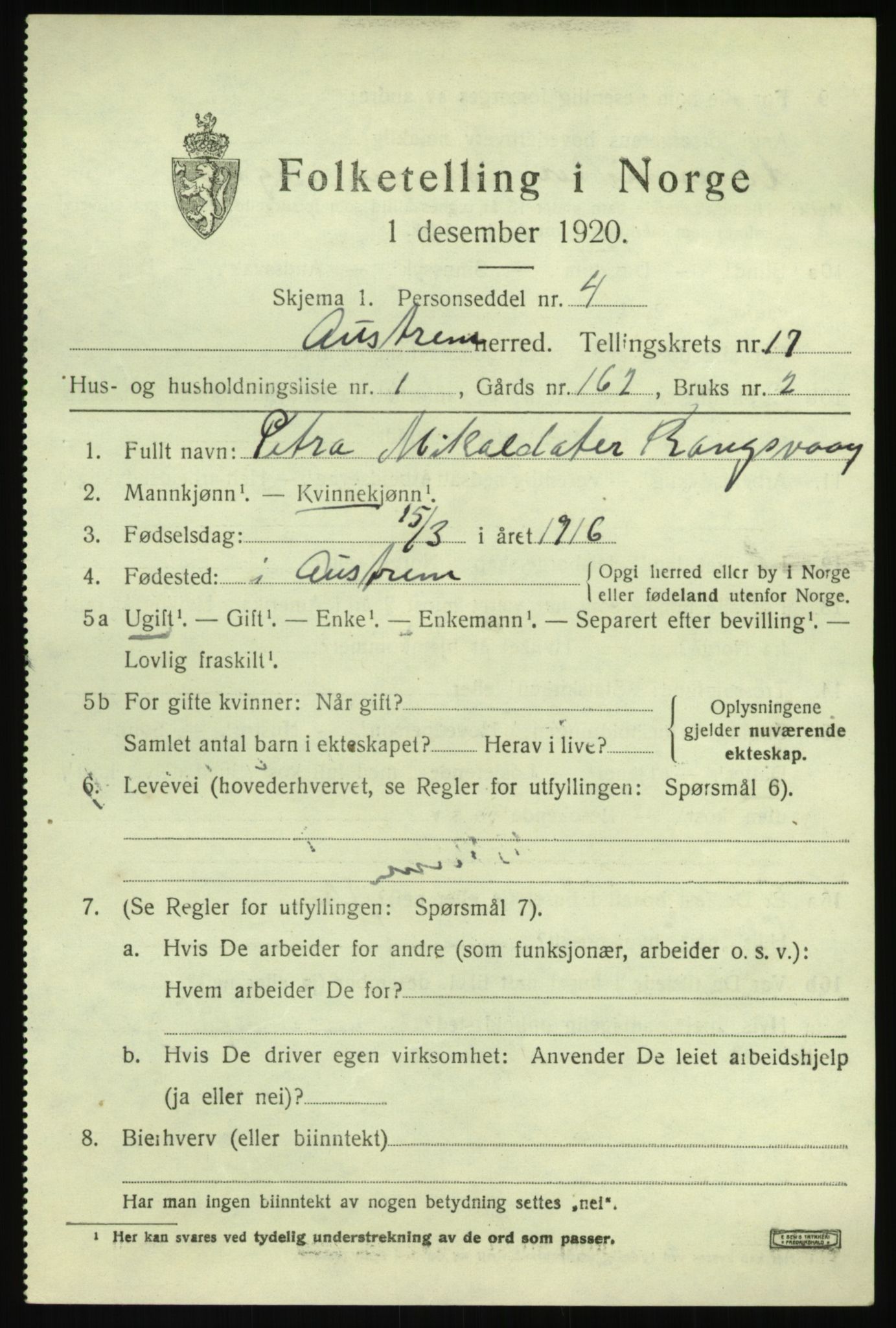 SAB, 1920 census for Austrheim, 1920, p. 5418