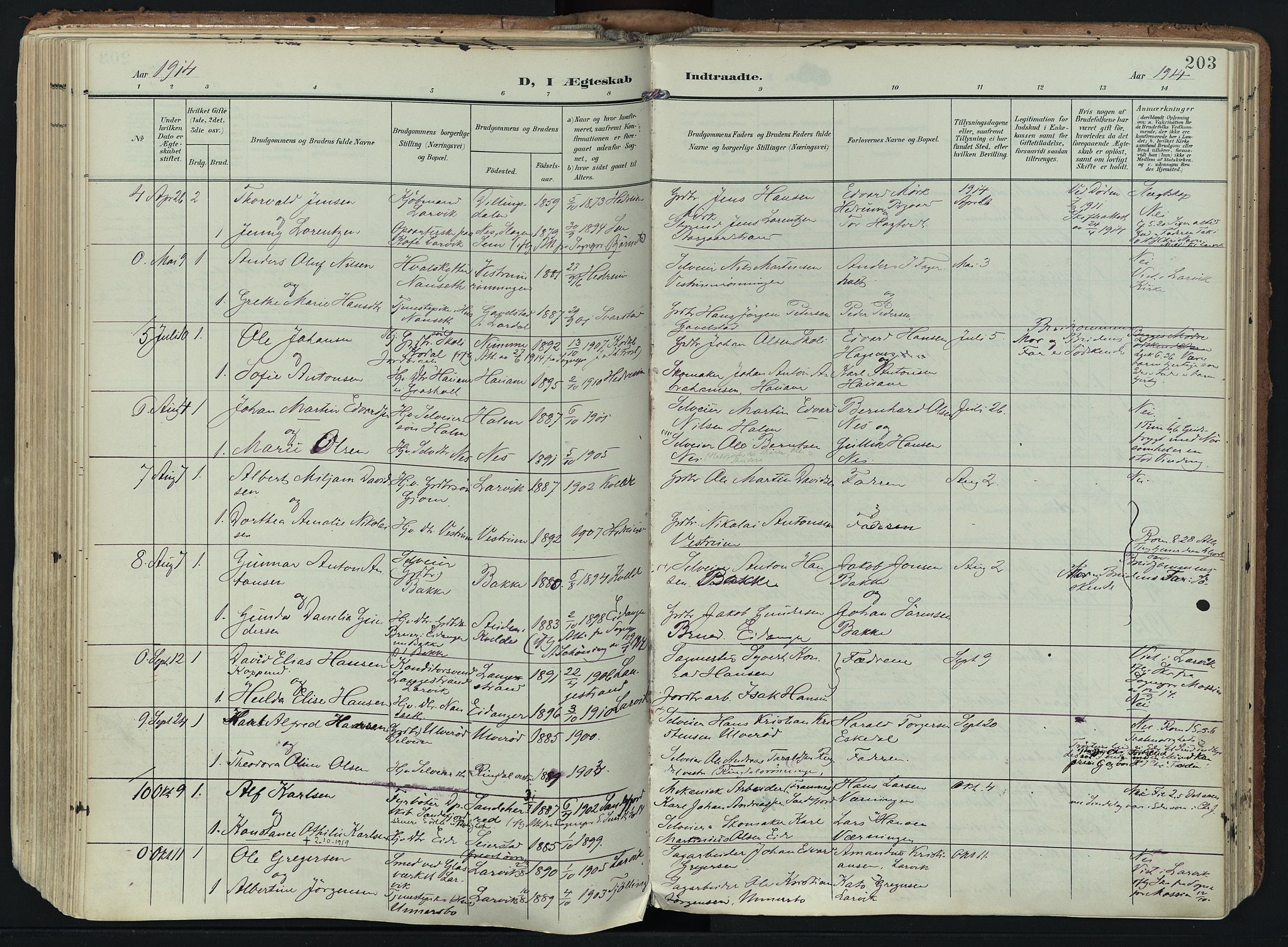 Hedrum kirkebøker, SAKO/A-344/F/Fa/L0010: Parish register (official) no. I 10, 1904-1918, p. 203