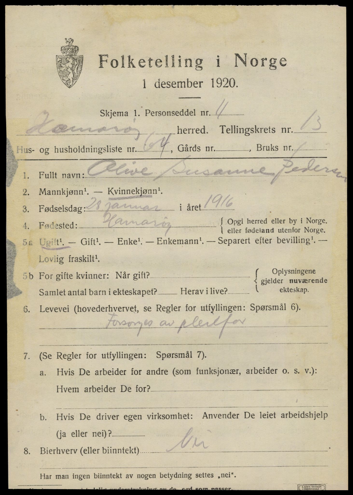 SAT, 1920 census for Hamarøy, 1920, p. 6778