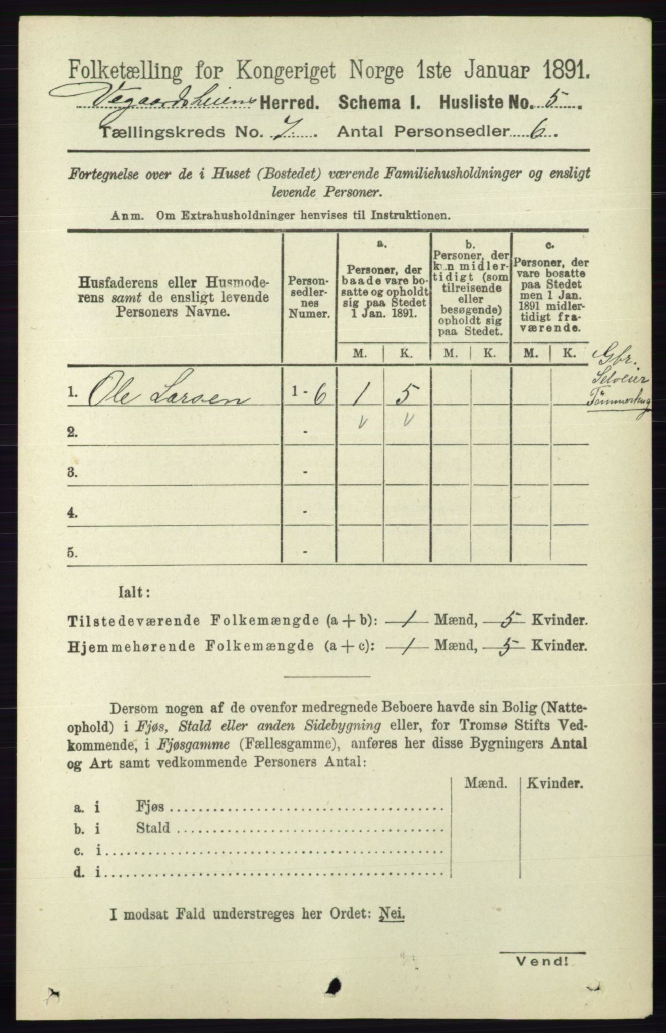 RA, 1891 census for 0912 Vegårshei, 1891, p. 1315