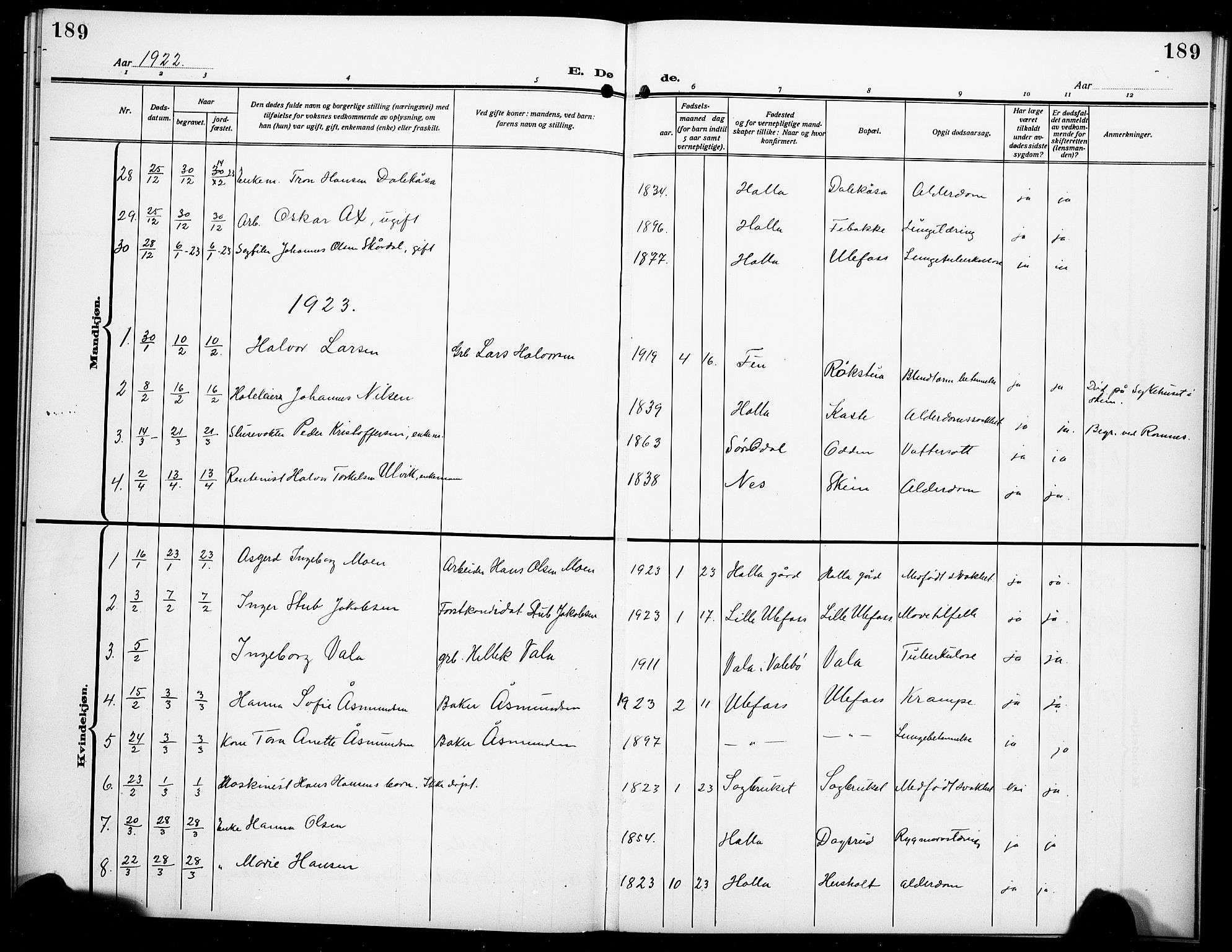 Holla kirkebøker, SAKO/A-272/G/Ga/L0006: Parish register (copy) no. I 6, 1917-1928, p. 189