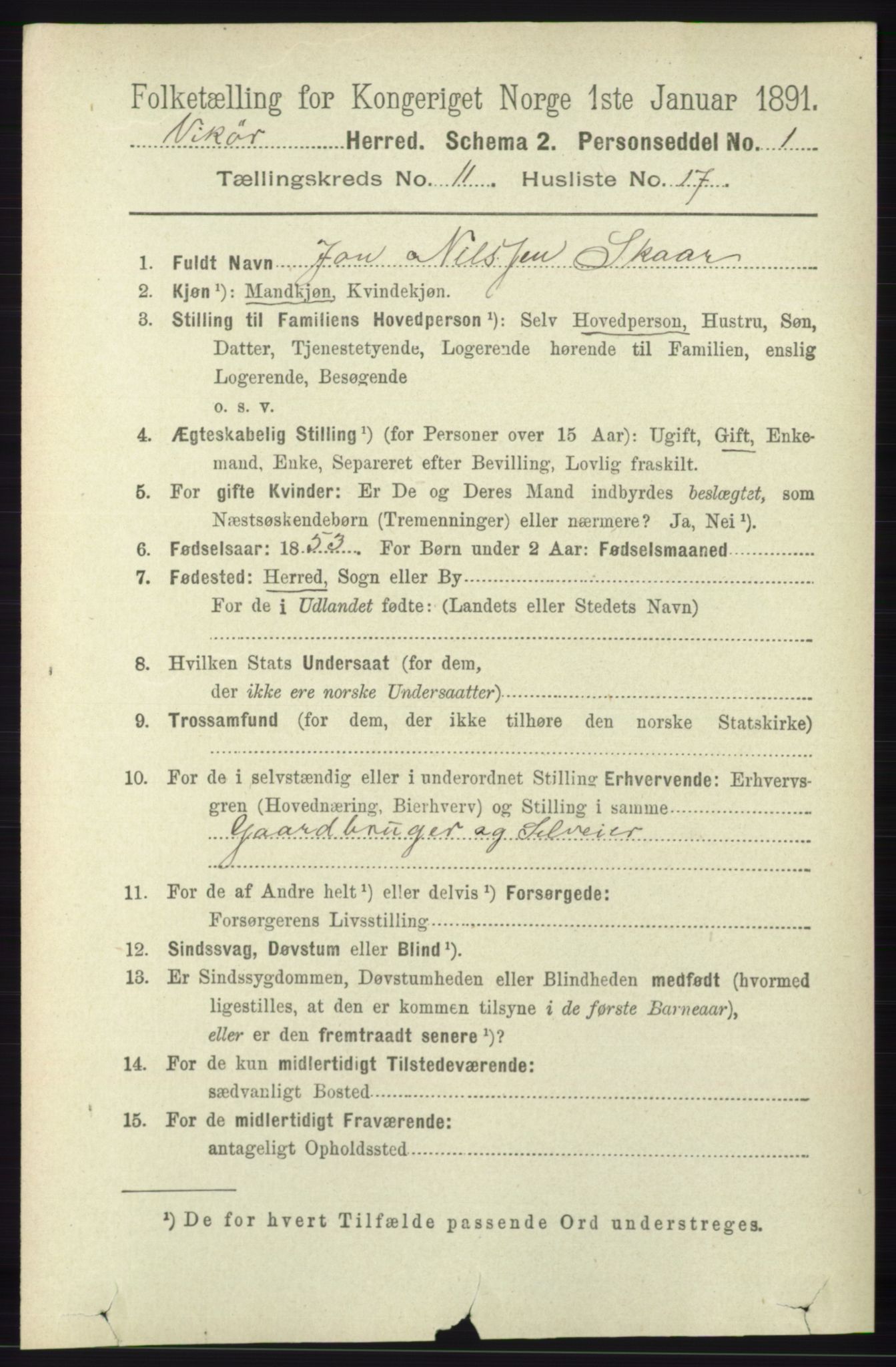 RA, 1891 census for 1238 Vikør, 1891, p. 3250