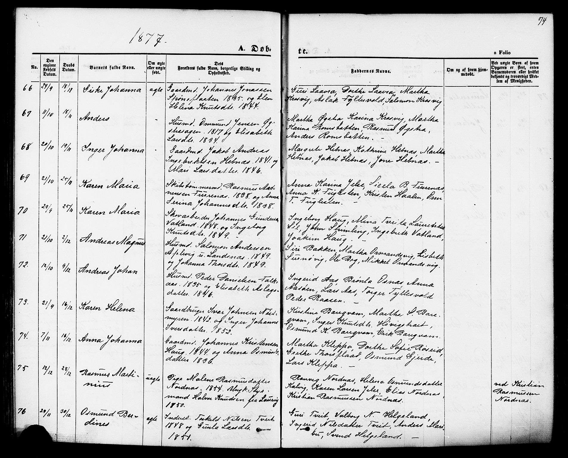 Jelsa sokneprestkontor, AV/SAST-A-101842/01/IV: Parish register (official) no. A 8, 1867-1883, p. 74