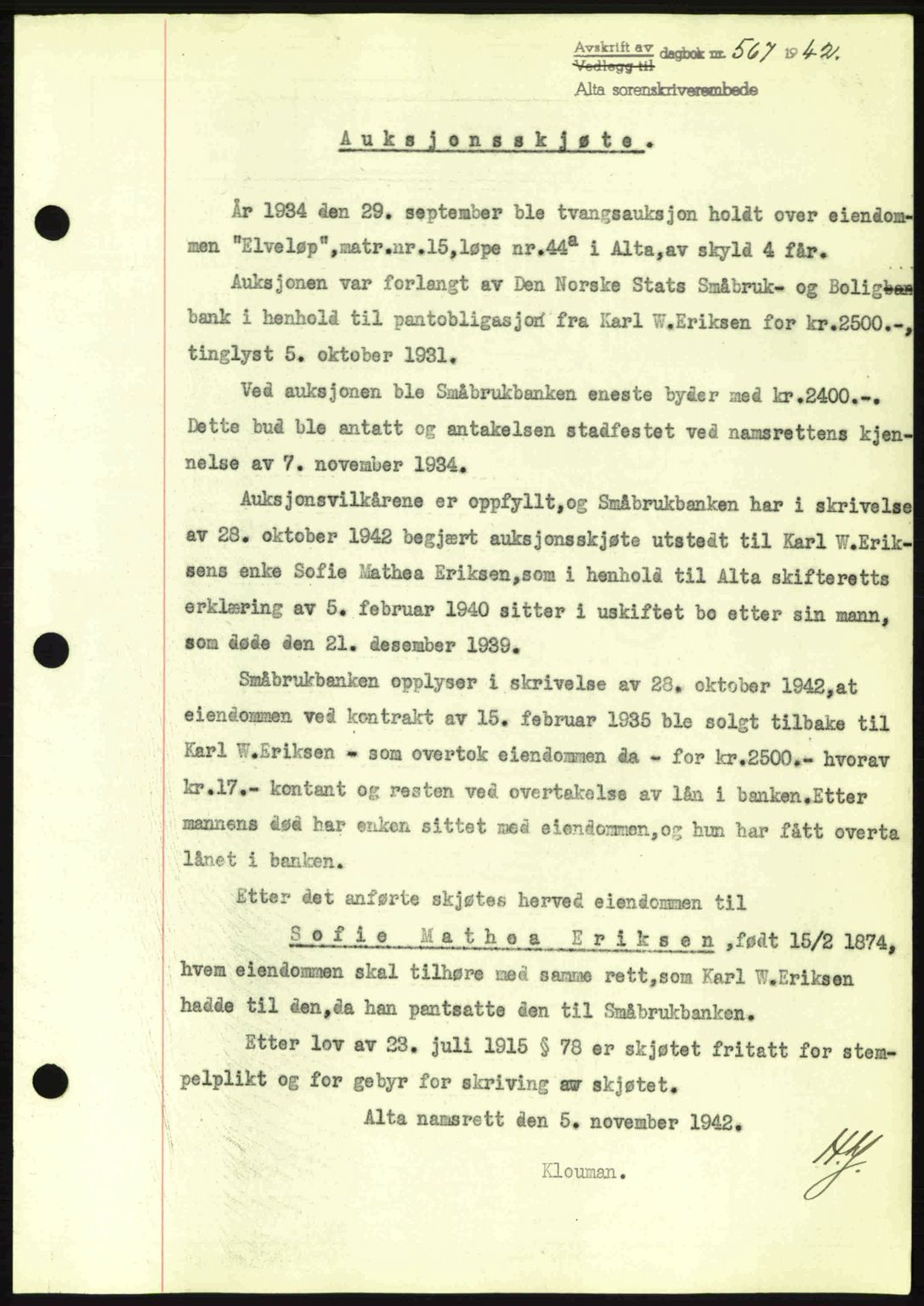 Alta fogderi/sorenskriveri, SATØ/SATØ-5/1/K/Kd/L0033pantebok: Mortgage book no. 33, 1940-1943, Diary no: : 567/1942