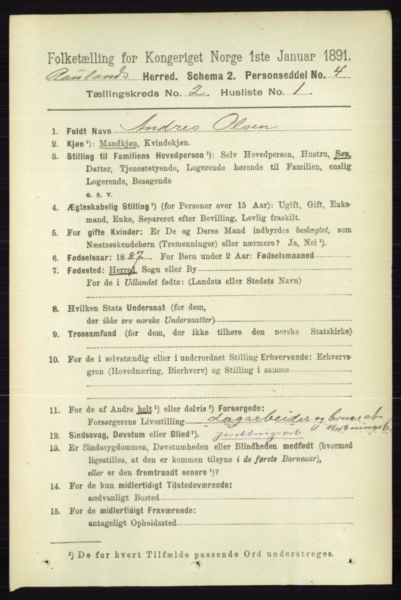 RA, 1891 census for 0835 Rauland, 1891, p. 259