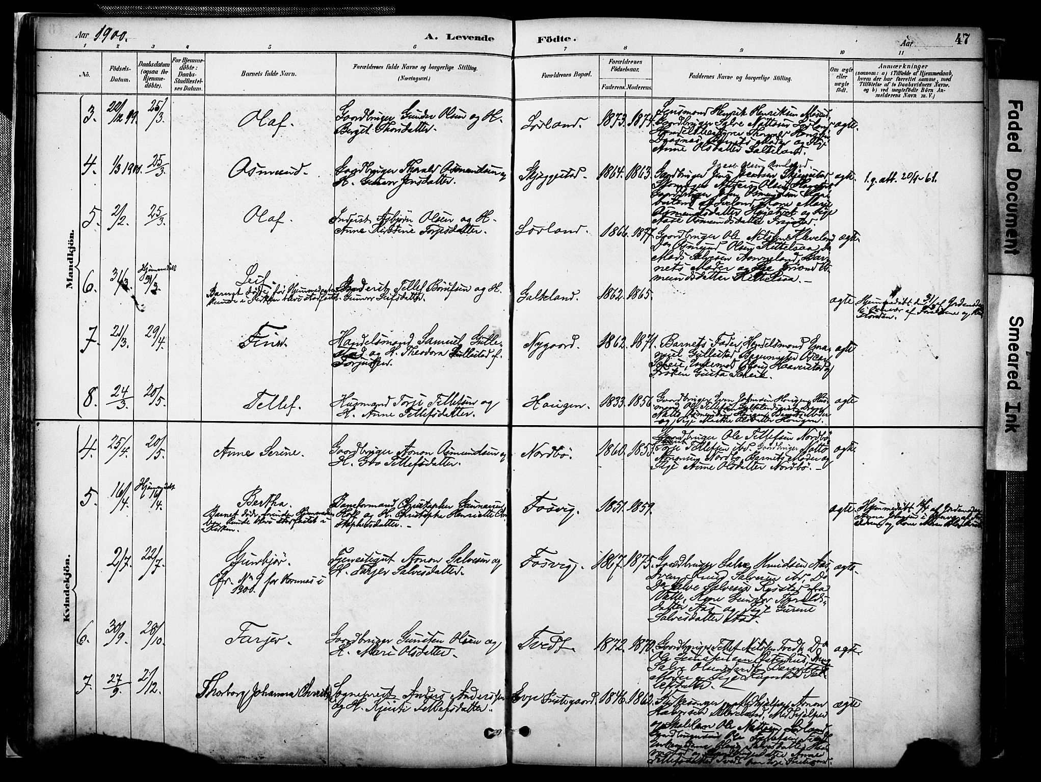 Evje sokneprestkontor, AV/SAK-1111-0008/F/Fa/Faa/L0007: Parish register (official) no. A 7, 1884-1909, p. 47