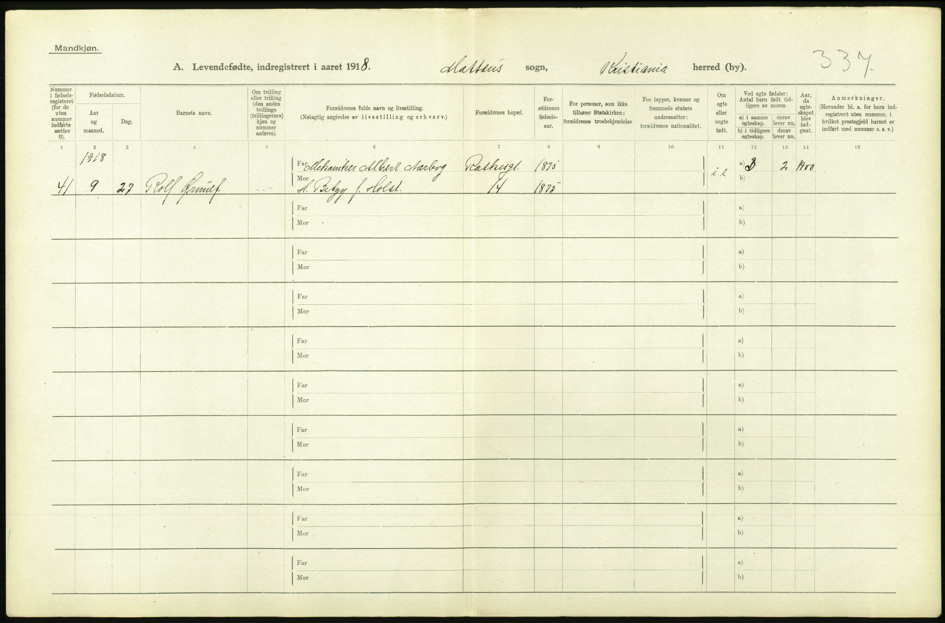 Statistisk sentralbyrå, Sosiodemografiske emner, Befolkning, AV/RA-S-2228/D/Df/Dfb/Dfbh/L0008: Kristiania: Levendefødte menn og kvinner., 1918, p. 68