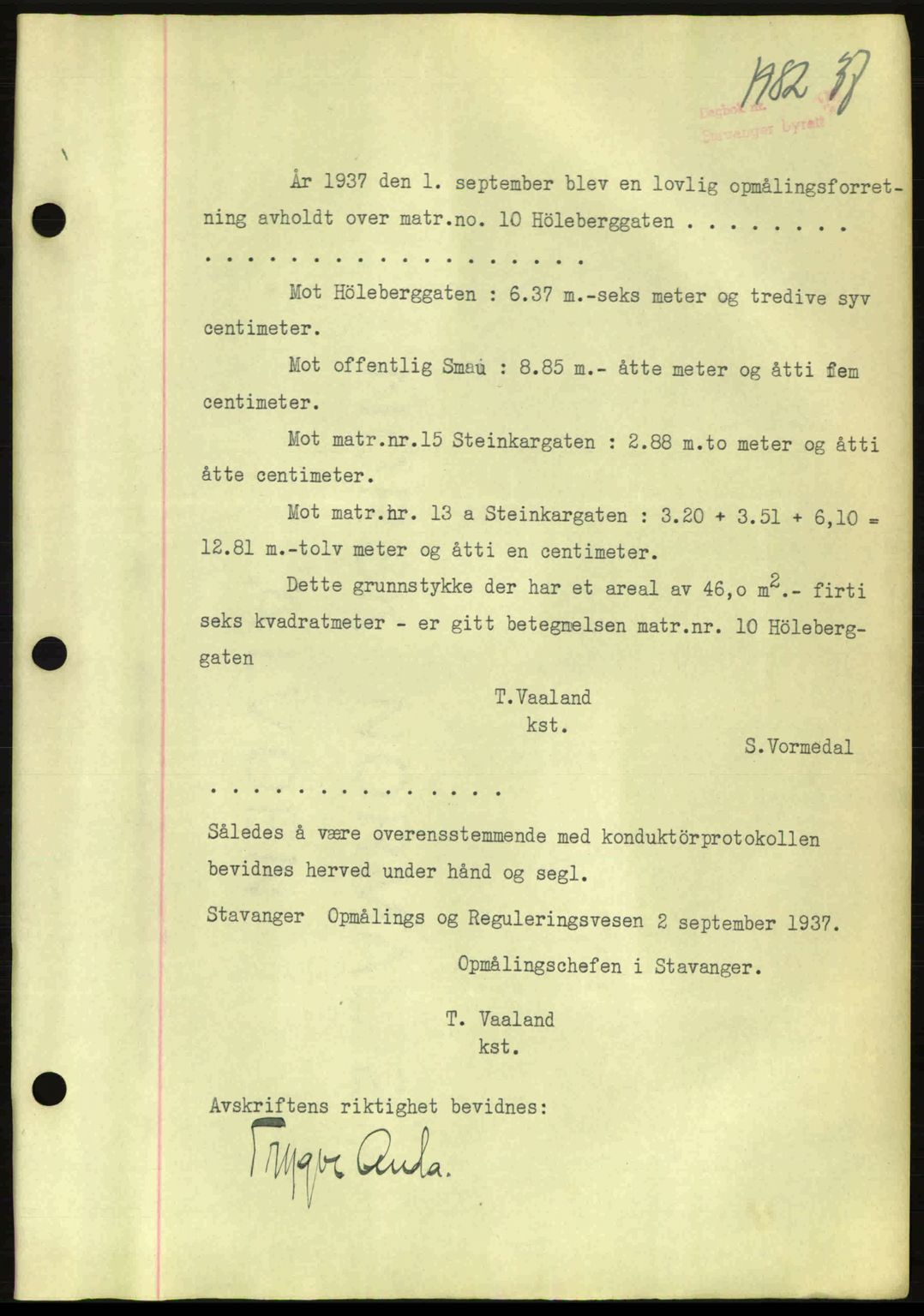 Stavanger byrett, SAST/A-100455/002/G/Gb/L0012: Mortgage book no. A2, 1936-1937, Diary no: : 1982/1937
