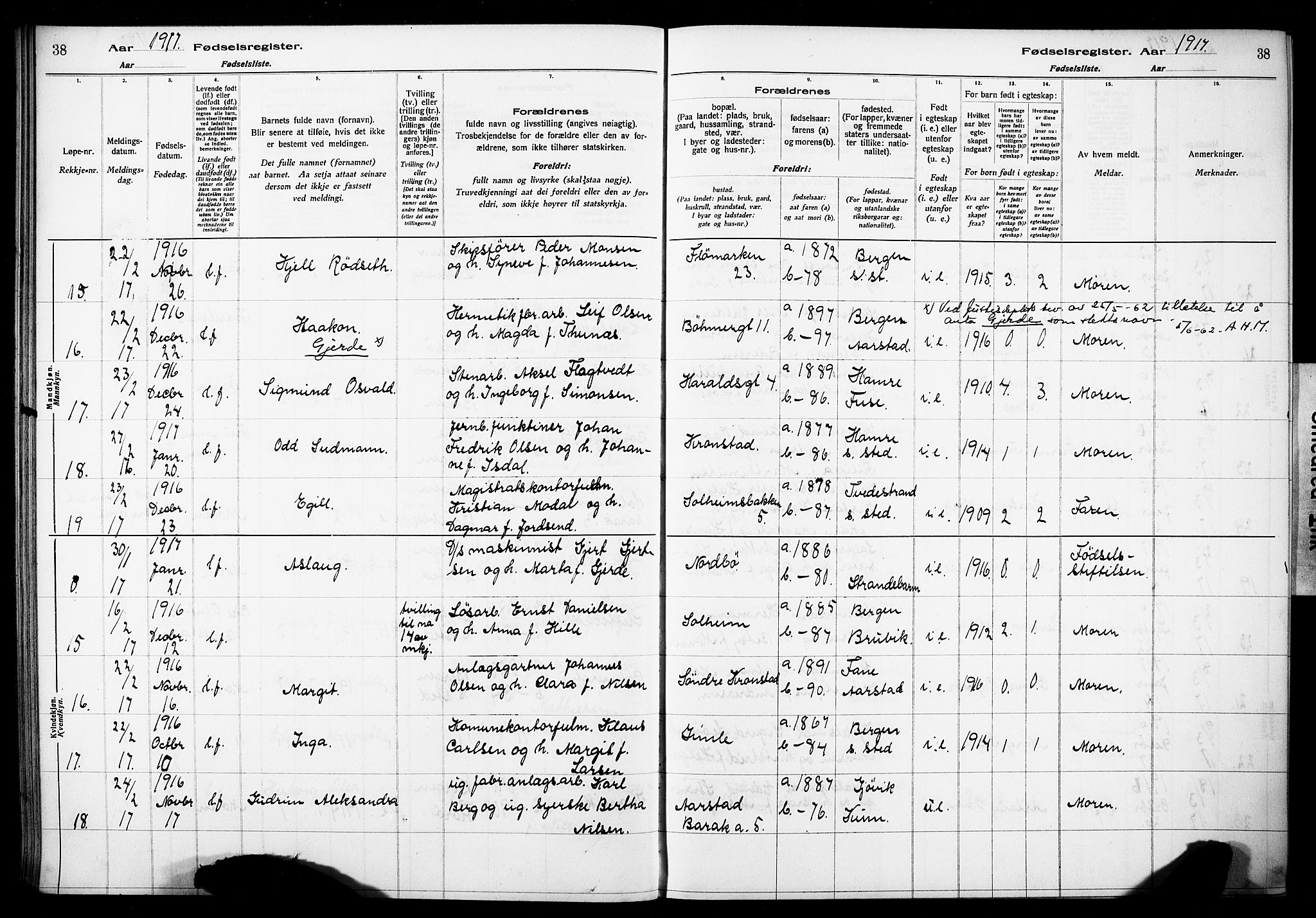 Årstad Sokneprestembete, AV/SAB-A-79301/I/Id/L0A01: Birth register no. A 1, 1916-1920, p. 38