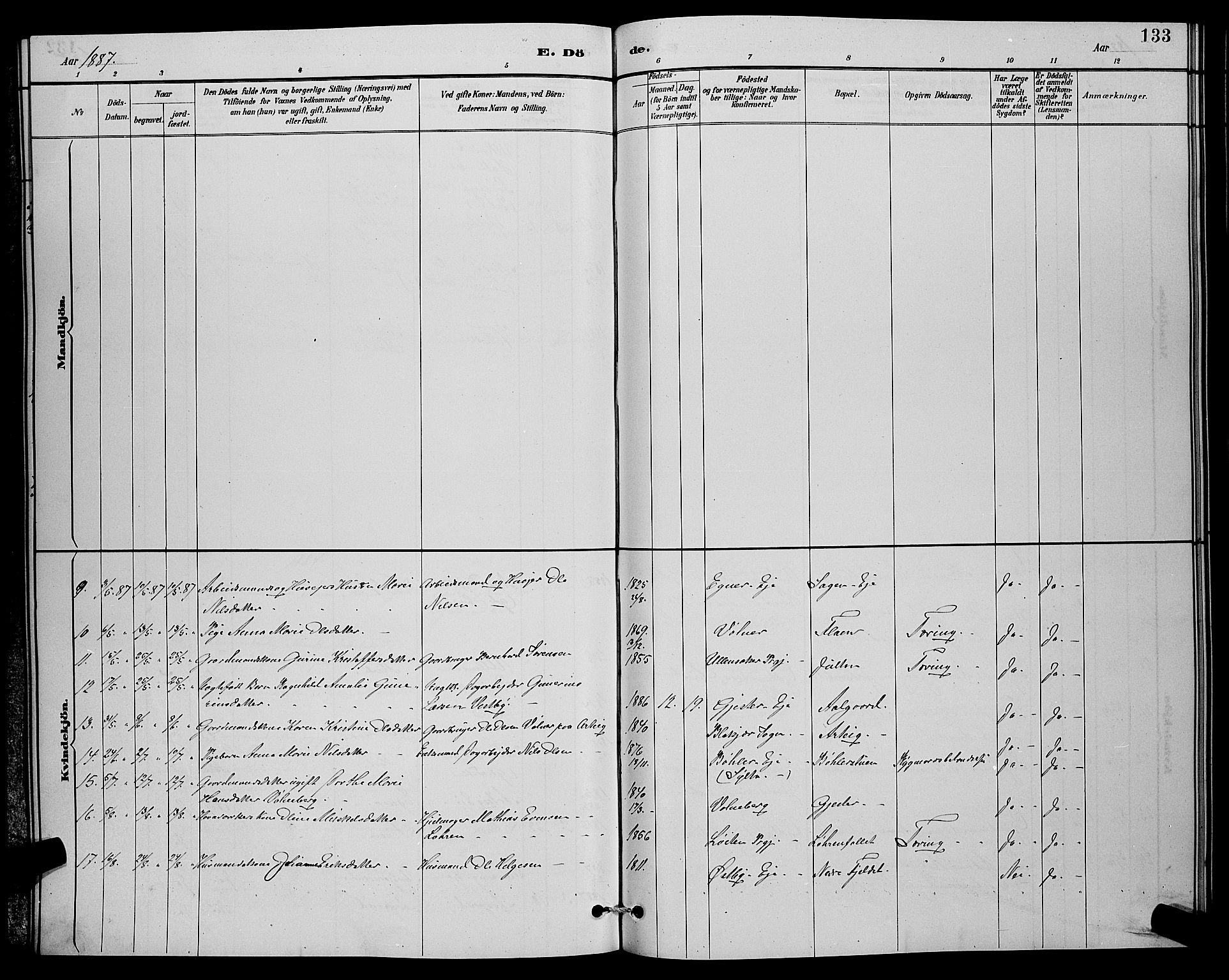 Sørum prestekontor Kirkebøker, AV/SAO-A-10303/G/Ga/L0005: Parish register (copy) no. I 5.1, 1886-1894, p. 133