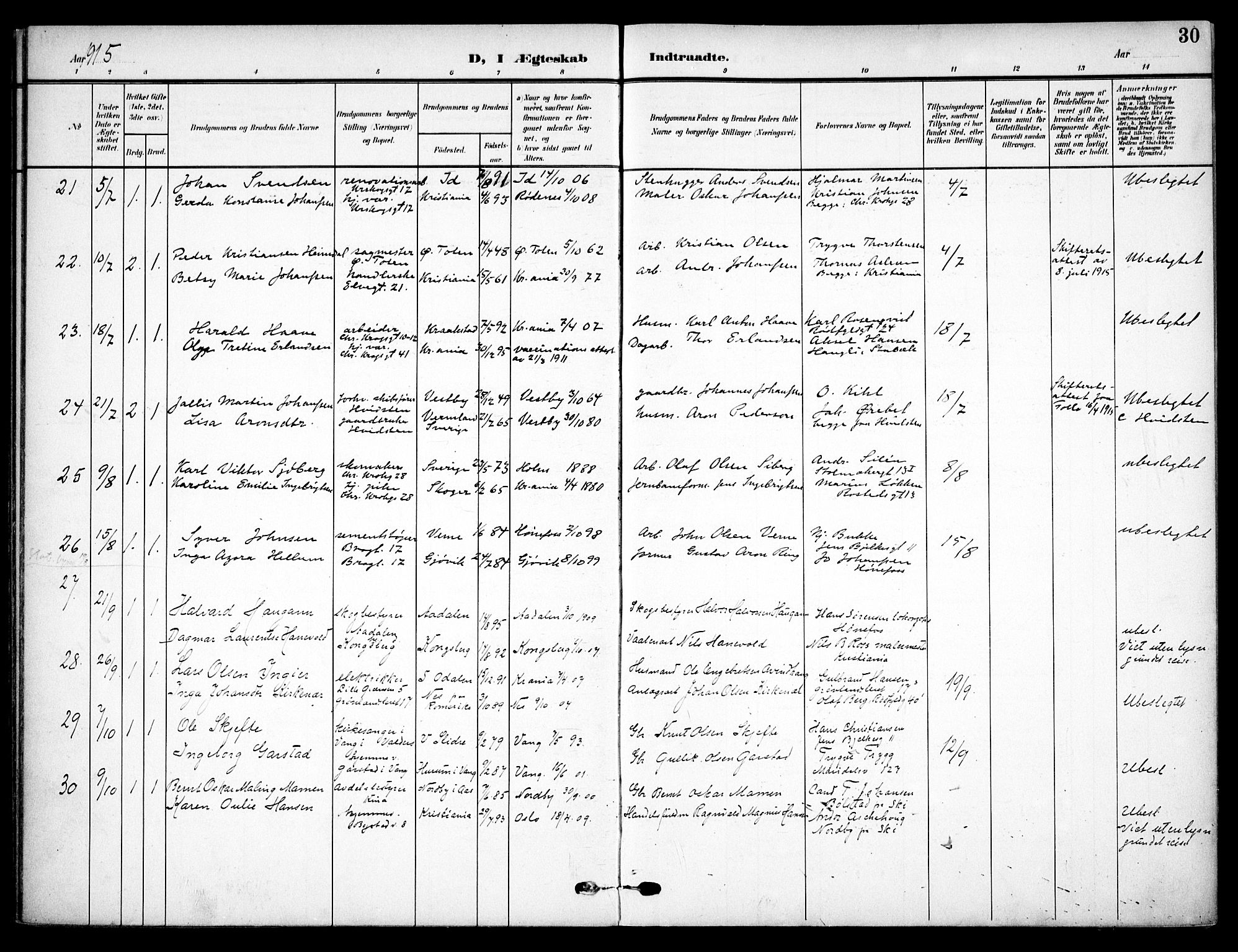 Vaterland prestekontor Kirkebøker, AV/SAO-A-10880/F/Fa/L0002: Parish register (official) no. 2, 1907-1921, p. 30