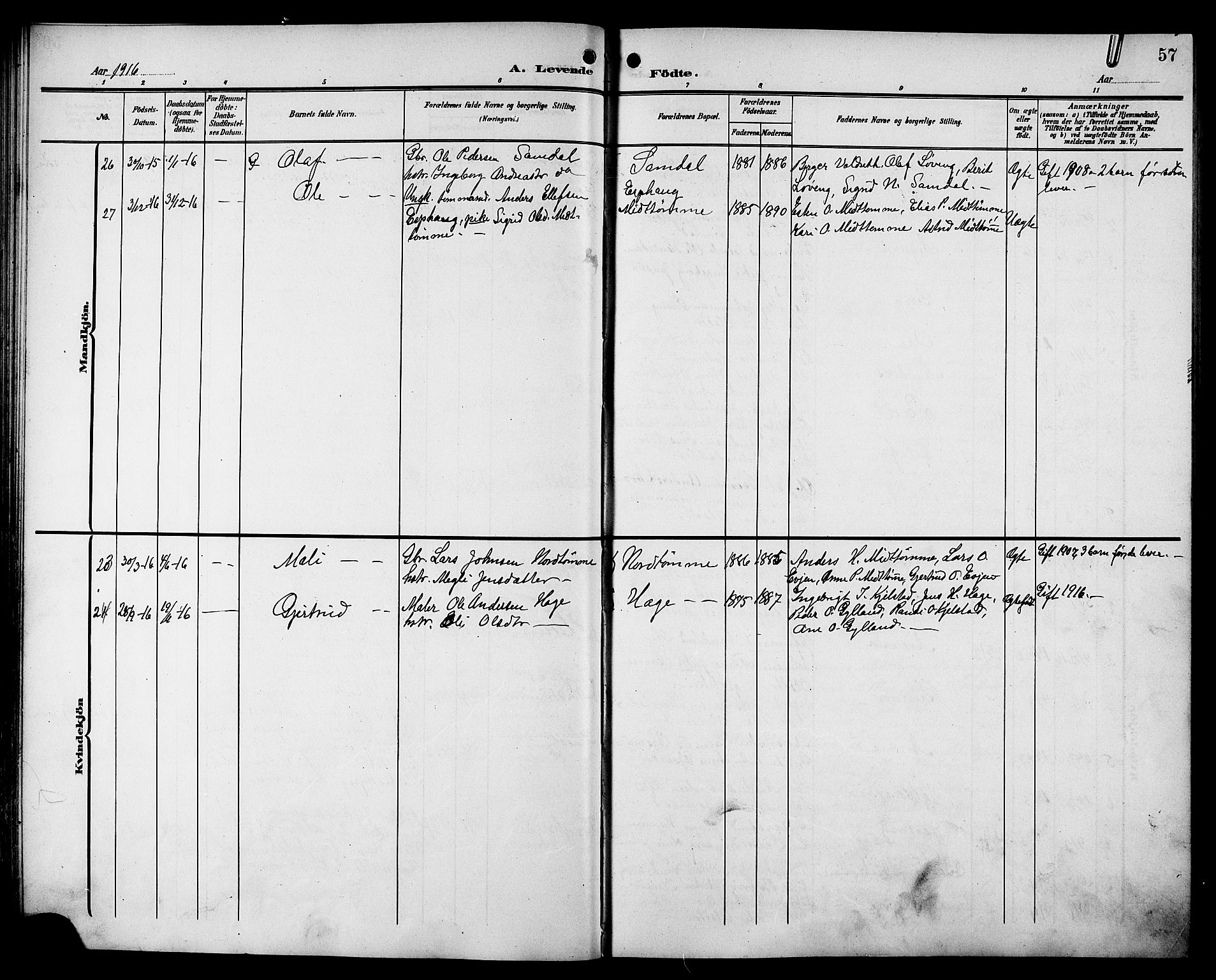 Ministerialprotokoller, klokkerbøker og fødselsregistre - Sør-Trøndelag, SAT/A-1456/692/L1112: Parish register (copy) no. 692C07, 1904-1918, p. 57