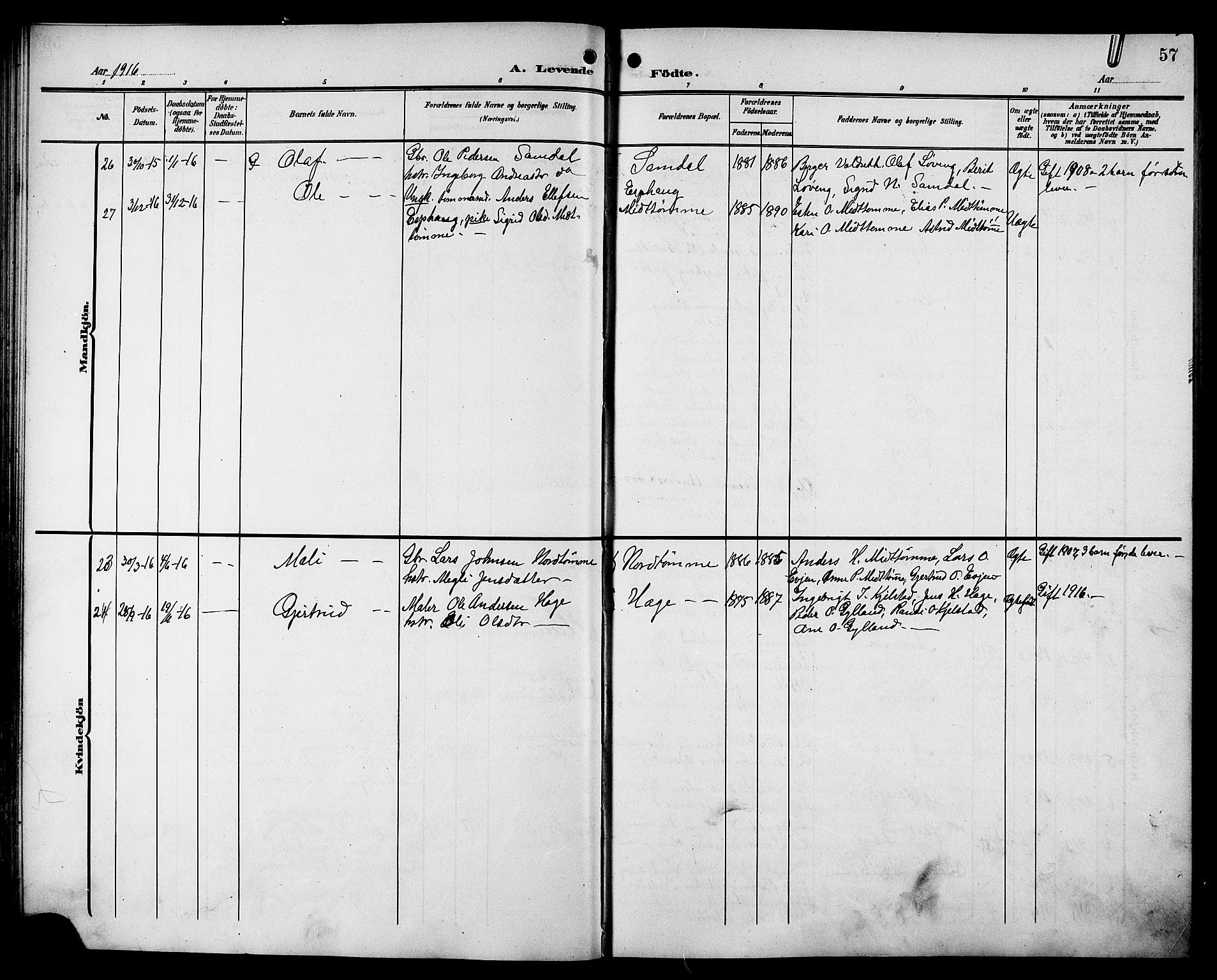 Ministerialprotokoller, klokkerbøker og fødselsregistre - Sør-Trøndelag, AV/SAT-A-1456/692/L1112: Parish register (copy) no. 692C07, 1904-1918, p. 57